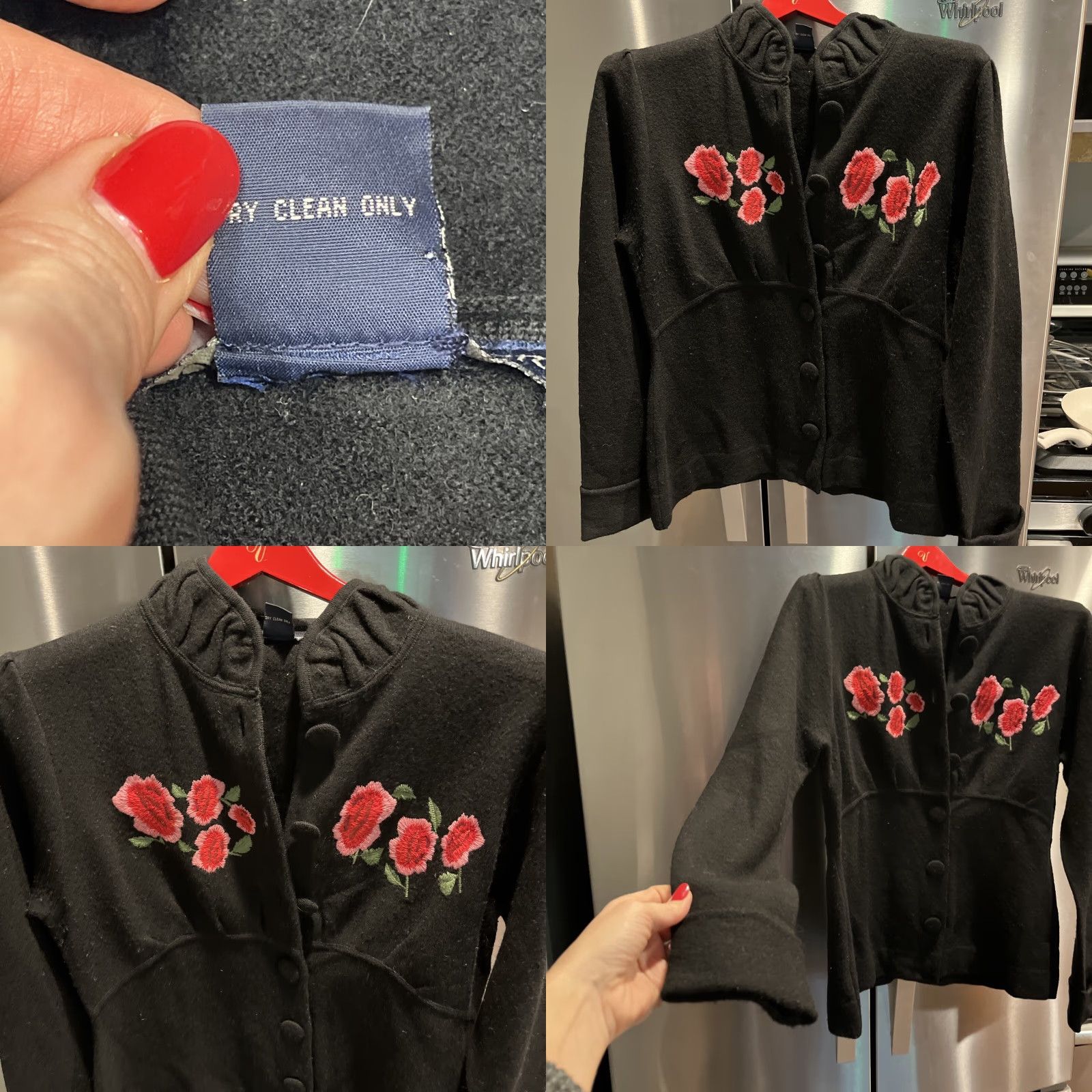 Boston Proper L BLACK Wool PINK ROSES SWEATER Cardigan BUTTON High Collar Jacket Coat Size L / US 10 / IT 46 - 9 Thumbnail