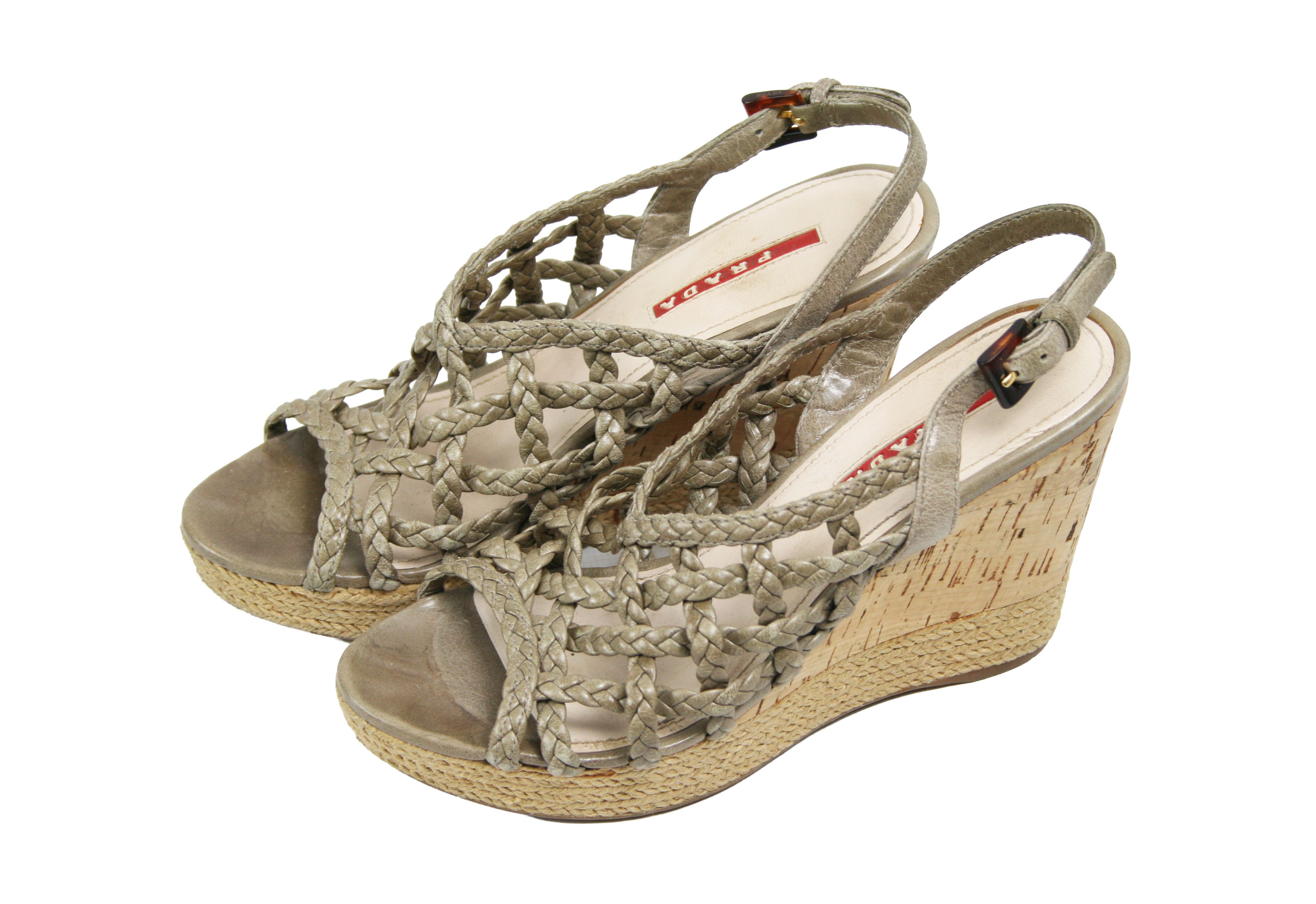 Prada Y2K Wedge Woven Leather Cork Espadrille Sandals Size US 6 / IT 36 - 3 Thumbnail