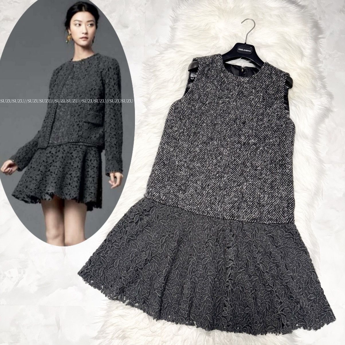 Authentic Dolce & Gabbana Floral Lace Tweed Dress 42 Gray