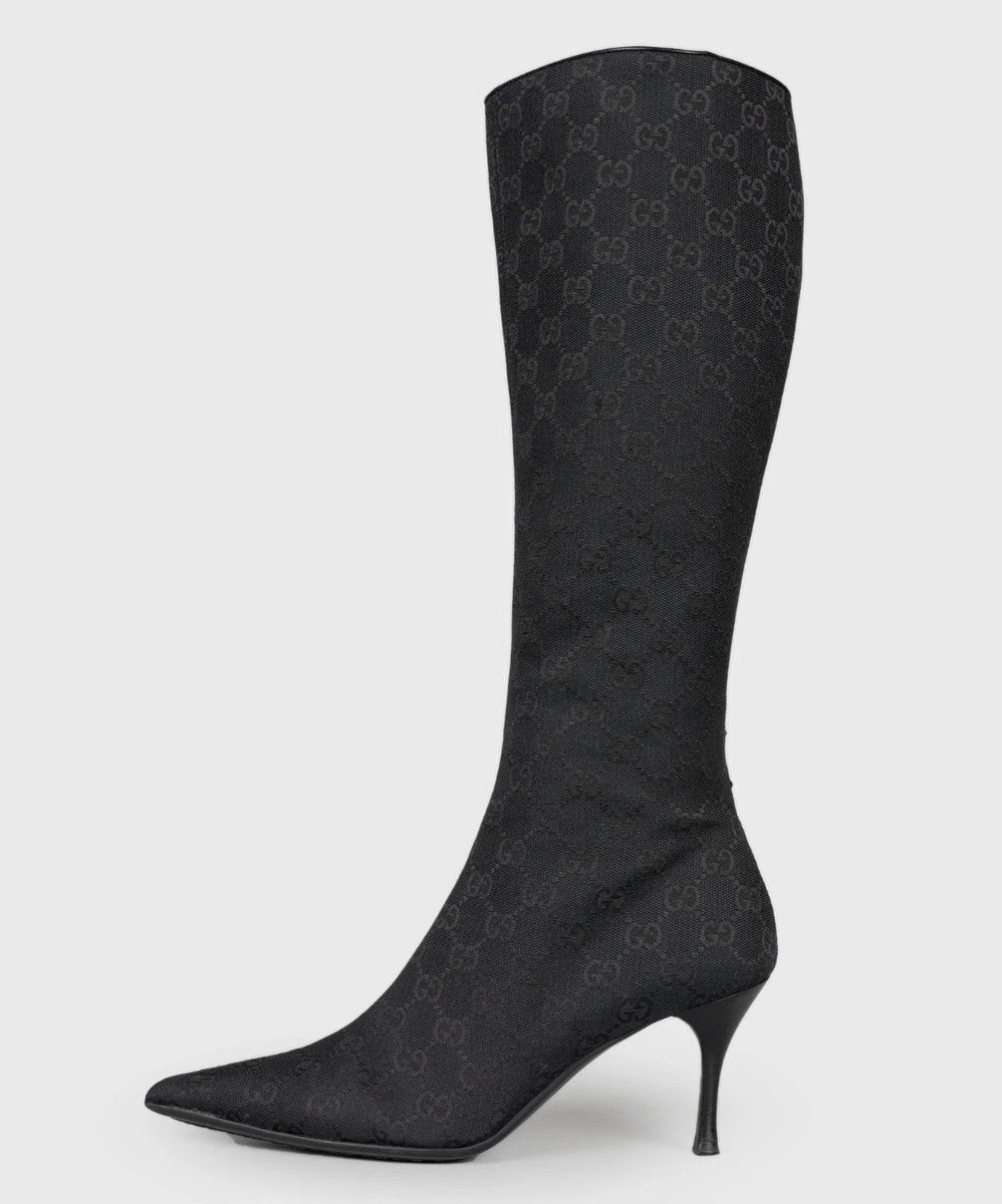 All Blacks x Gucci Heels Boots Monogram Tall Shoes GG Vintage Logo Zip in Black, Women's (Size 6)