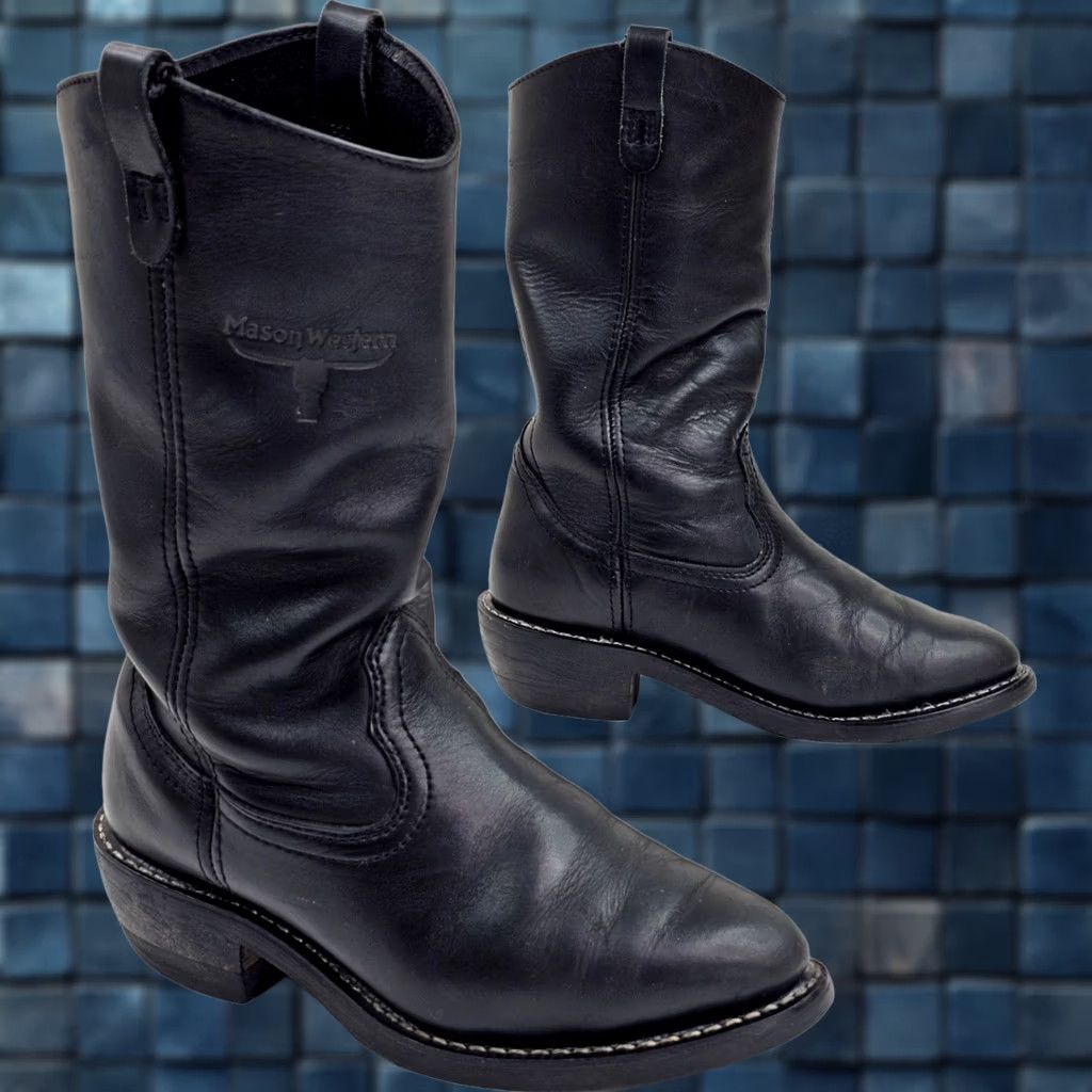 Vintage Mason Western 981 Work Boots Men 7 EEE Black Leather Pull On Wellington Mid-Calf Western Boots Men 7 EEE Black Leather Size US 7 / EU 40 - 1 Thumbnail
