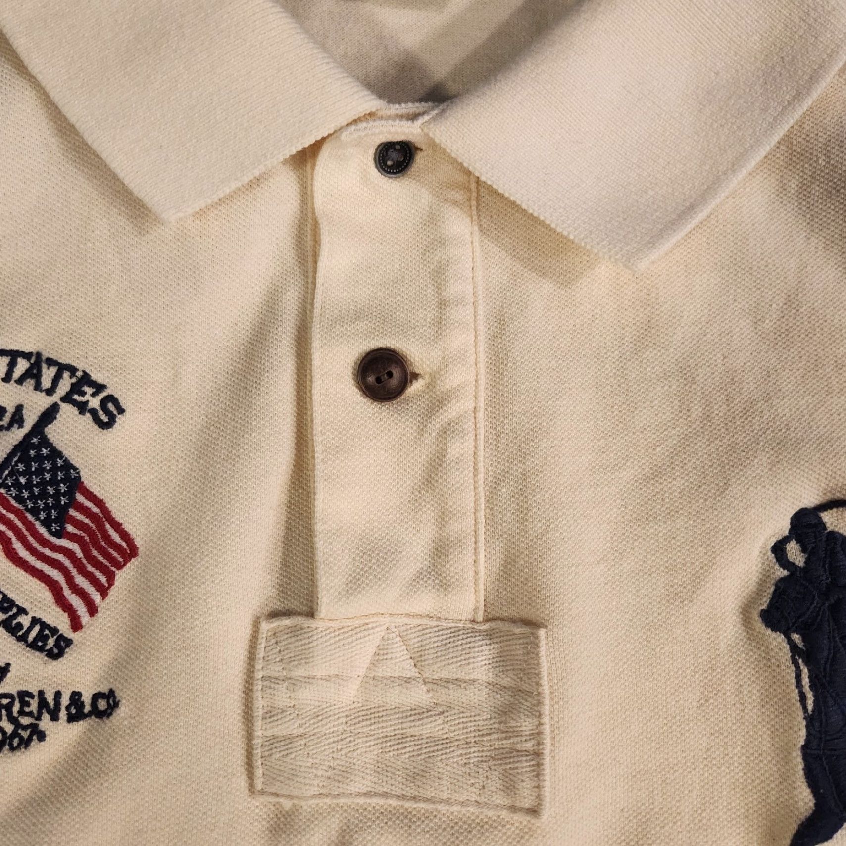 Polo Ralph Lauren VINTAGE Polo Ralph Lauren Polo USA Dry Goods Shirt Rugby Mens XL Embroidered Flag Ivory Size US XL / EU 56 / 4 - 3 Thumbnail