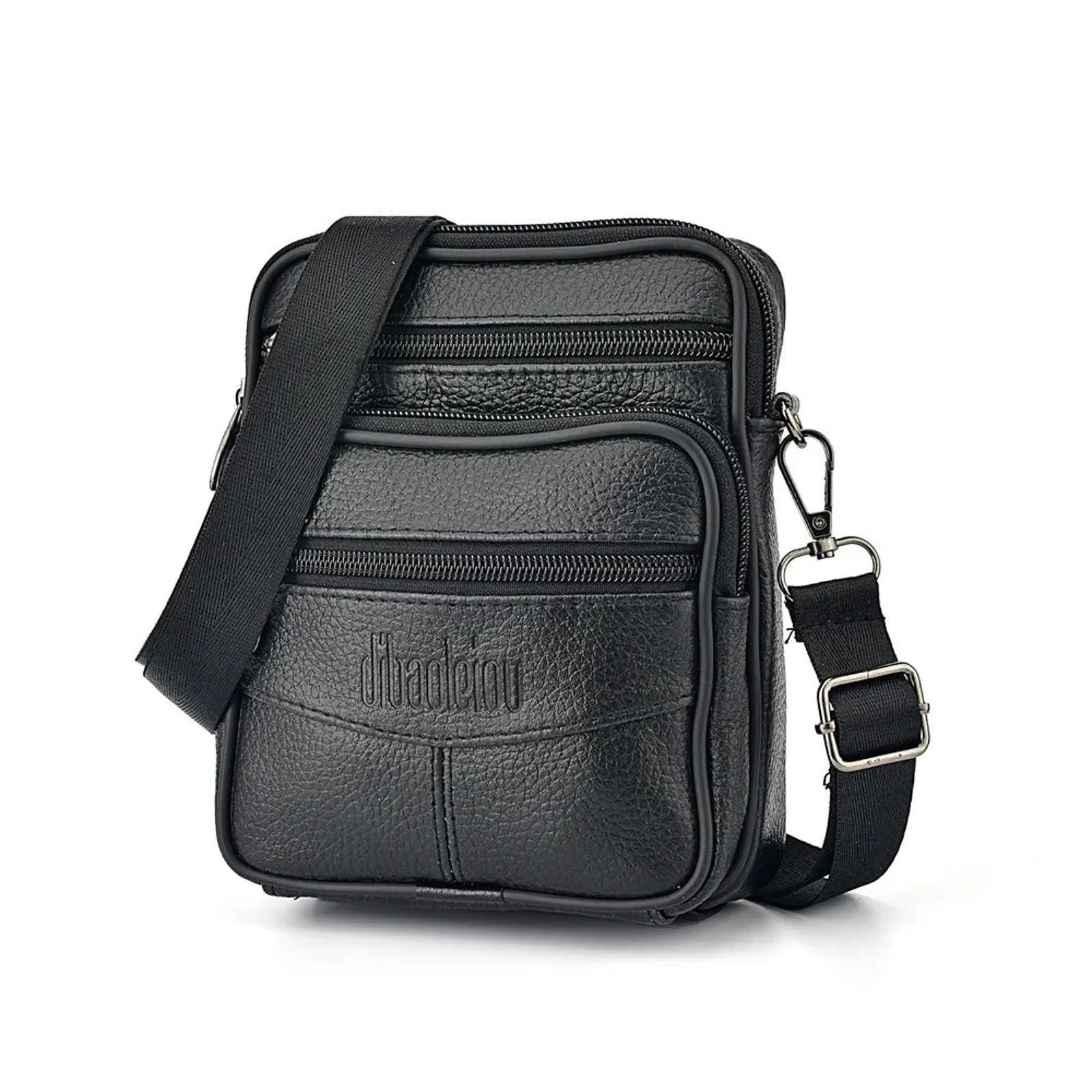 Designer Genuine Leather Black Cargo Mini Crossbody Bag, Men's