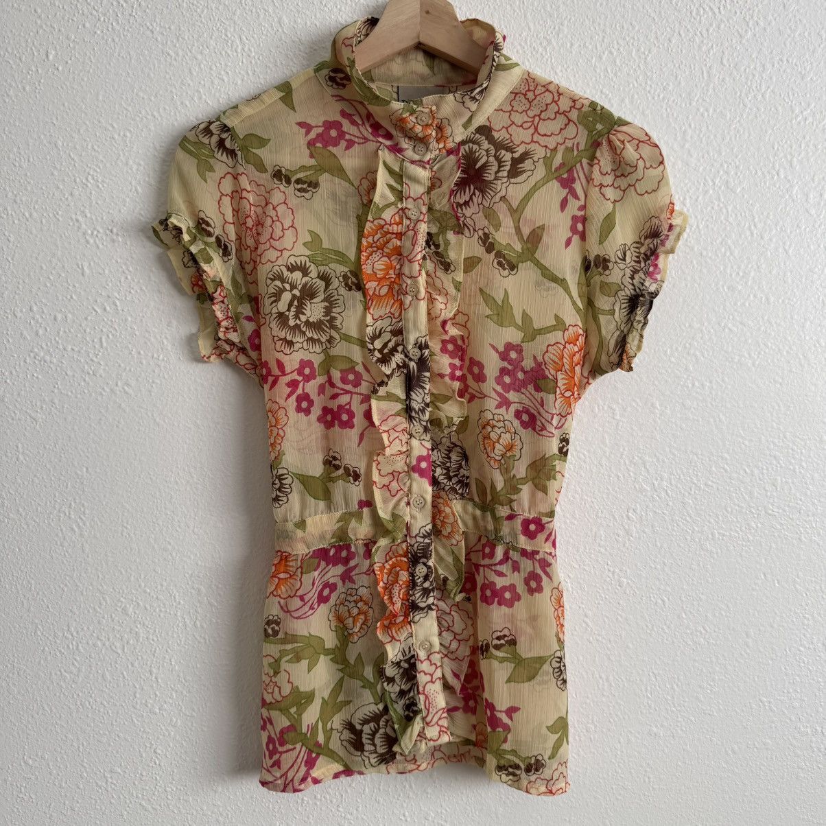 Other DE.CODED Y2K Yellow Floral Sheer Ruffle Button Up Top Size M / US 6-8 / IT 42-44 - 3 Thumbnail