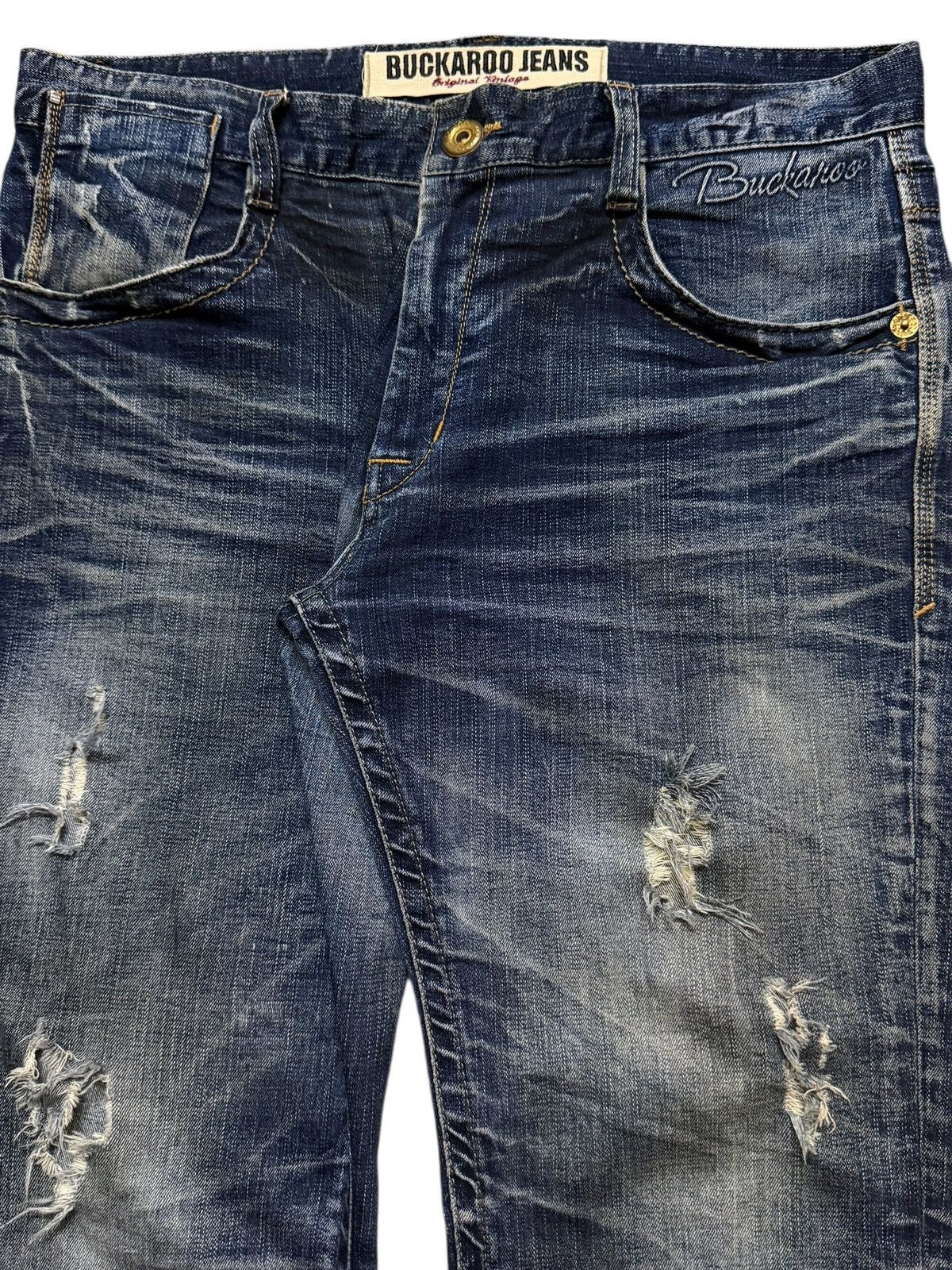 If Six Was Nine Vintage Y2K Buckaro Blue Faded Wash Whisker Distressed Jeans Size US 35 - 3 Thumbnail