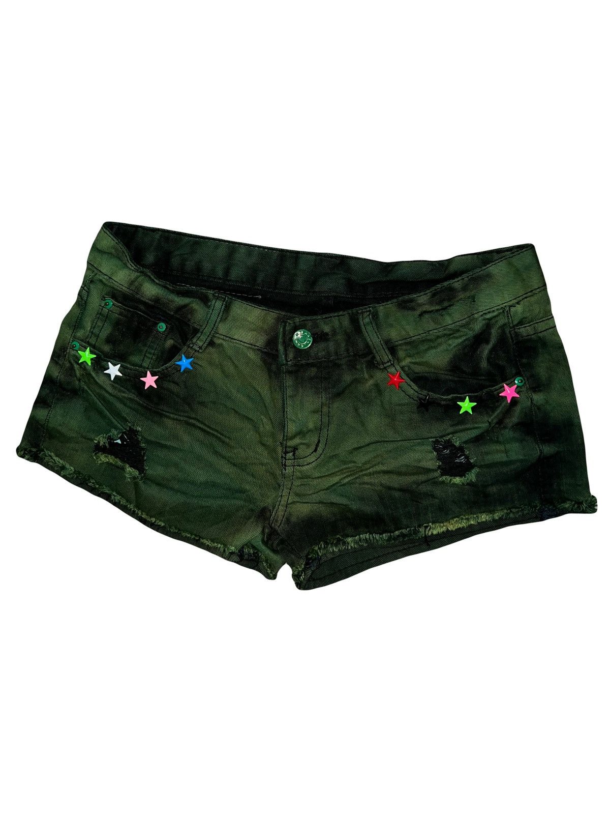 Japanese Brand Y2k Green multi star low rise short 💫 🌟 🔋 Size 27" / US 4 / IT 40 - 1 Thumbnail