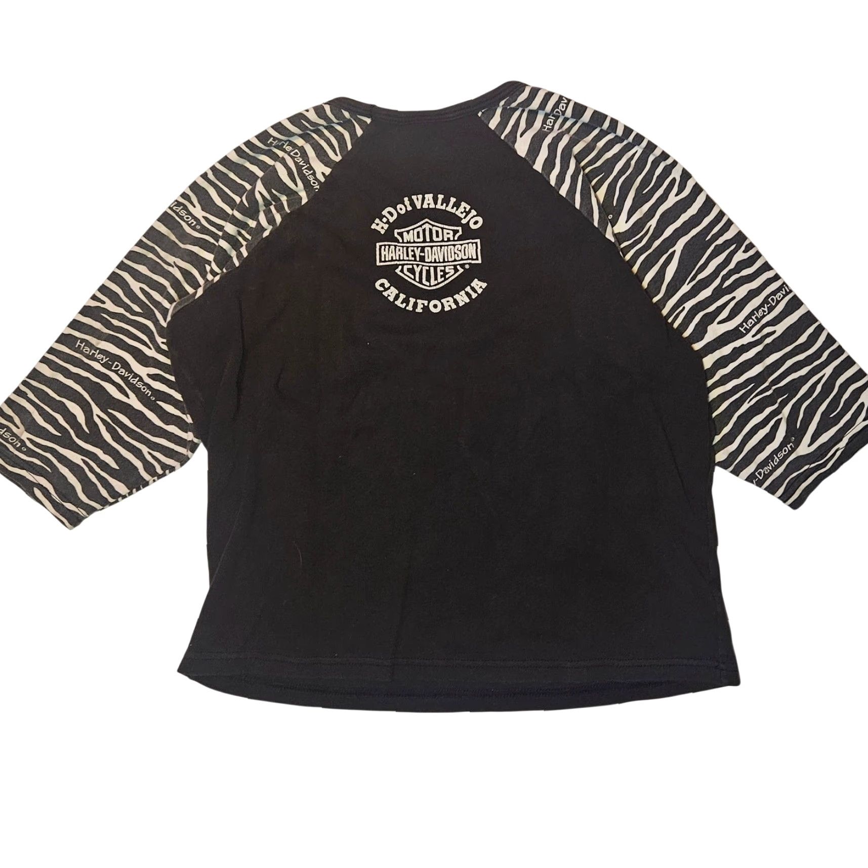 Harley Davidson VINTAGE Harley Davidson Raglan Zebra Print Sleeve Top Womens XL T-Shirt Made in USA Black V-Neck 3/4 Sleeve Rain All Seasons Casual Size XL / US 12-14 / IT 48-50 - 2 Thumbnail