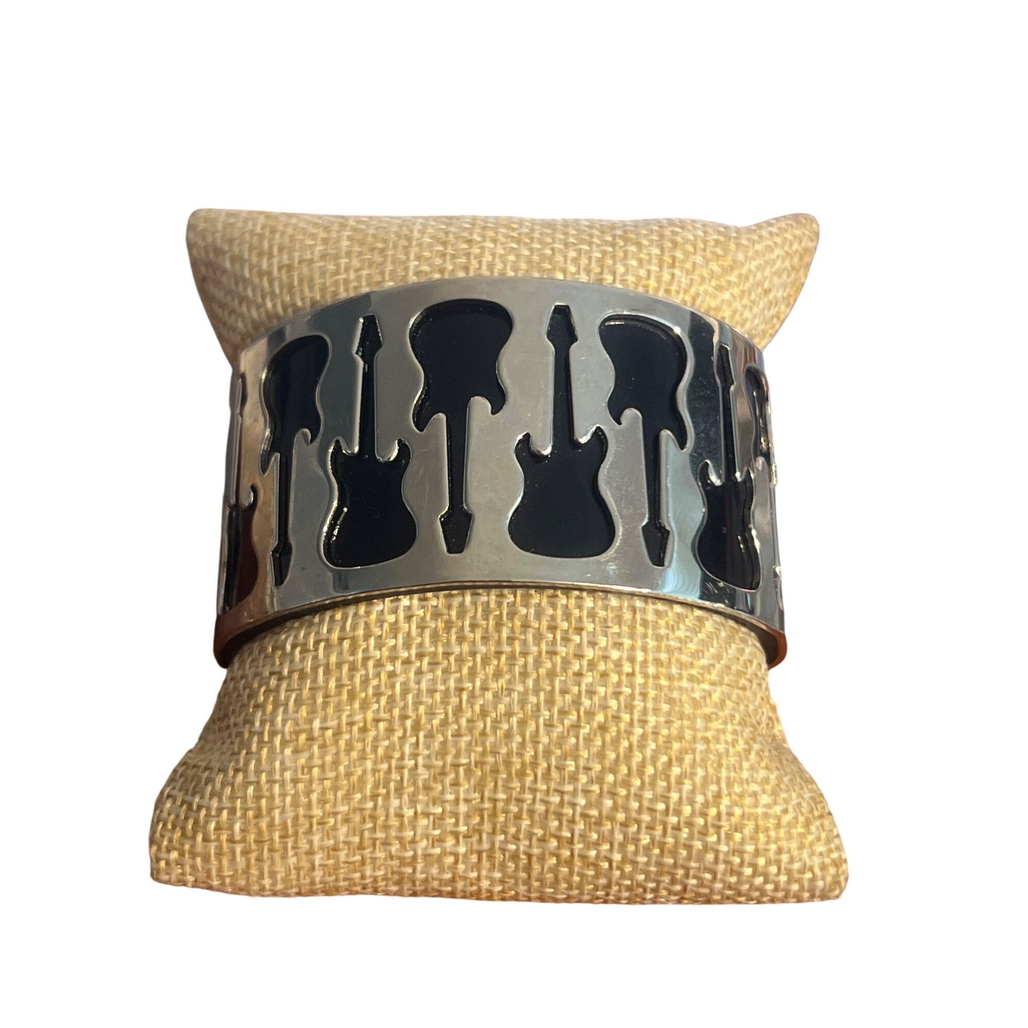 Other Silver Tone Black Acrylic Cuff Bracelet Cutout Guitar Rock & Size ONE SIZE - 1 Thumbnail