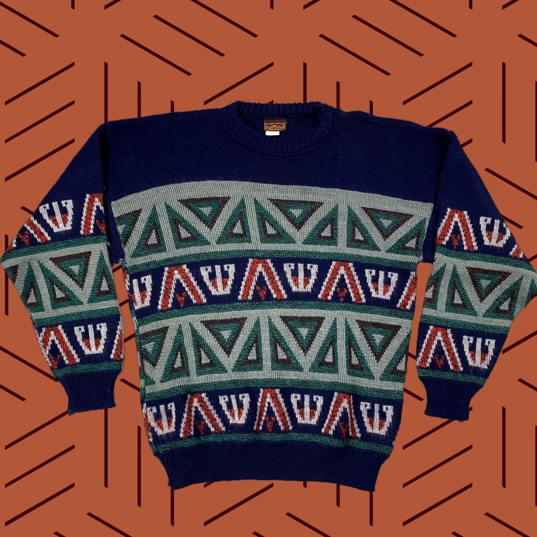 Vintage VTG Sergio Valente Mens Small Abstract Geometric Blue Fuzzy Knit Crew Neck Pullover Sweater 80s Size US S / EU 44-46 / 1 - 1 Thumbnail