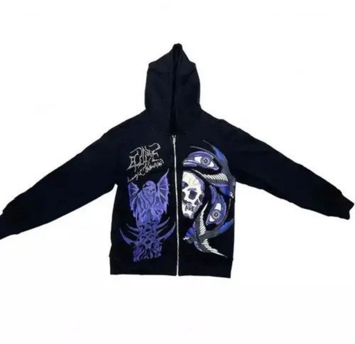 Japanese Brand × Vintage Rhinestone Gothic Print Zip Up Hoodie Punk Rock Style Size US L / EU 52-54 / 3 - 1 Thumbnail