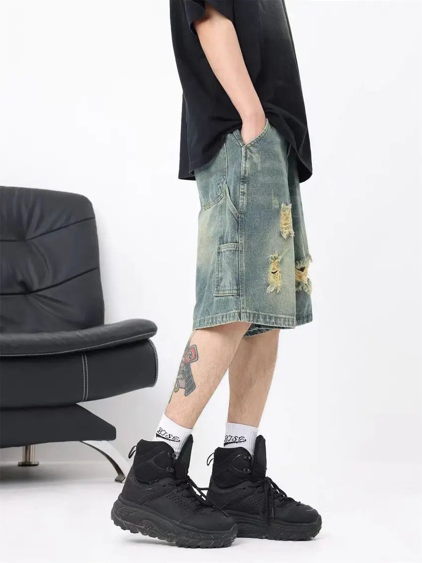 Designer × Japanese Brand Washed Blue Harajuku Style Hole Breaking Loose Denim Shorts Size US 33 - 4 Thumbnail