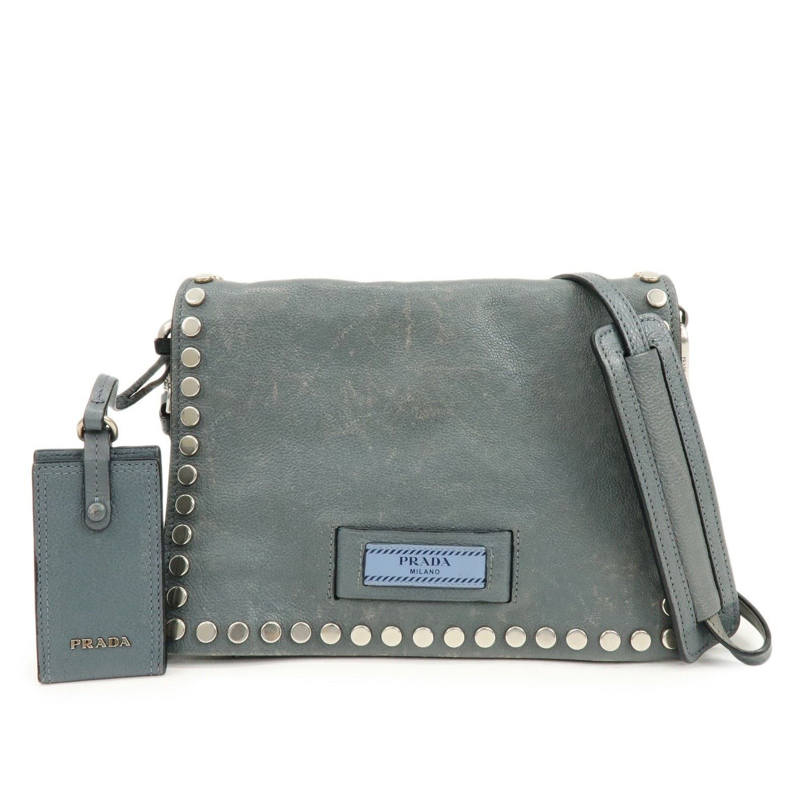 Prada Prada Etiquette Studded Calfskin Shoulder Bag Gray Size ONE SIZE - 1 Thumbnail