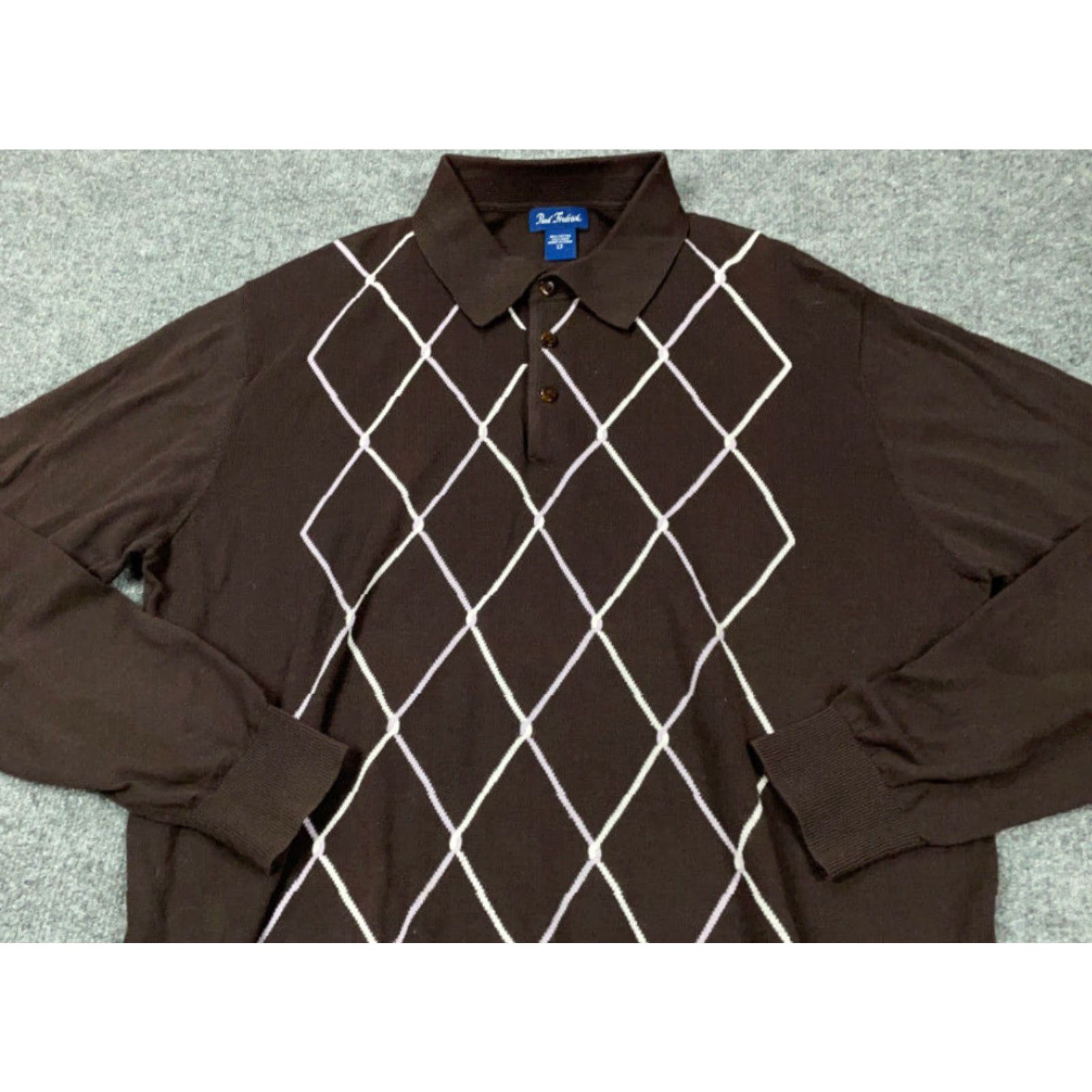 Vintage Paul Fredrick Sweater Adult Large Tall Brown Collared Knit Lightweight Cotton-Linen Diamond Argyle 80s 90s Retro Mens Size US L / EU 52-54 / 3 - 8 Thumbnail