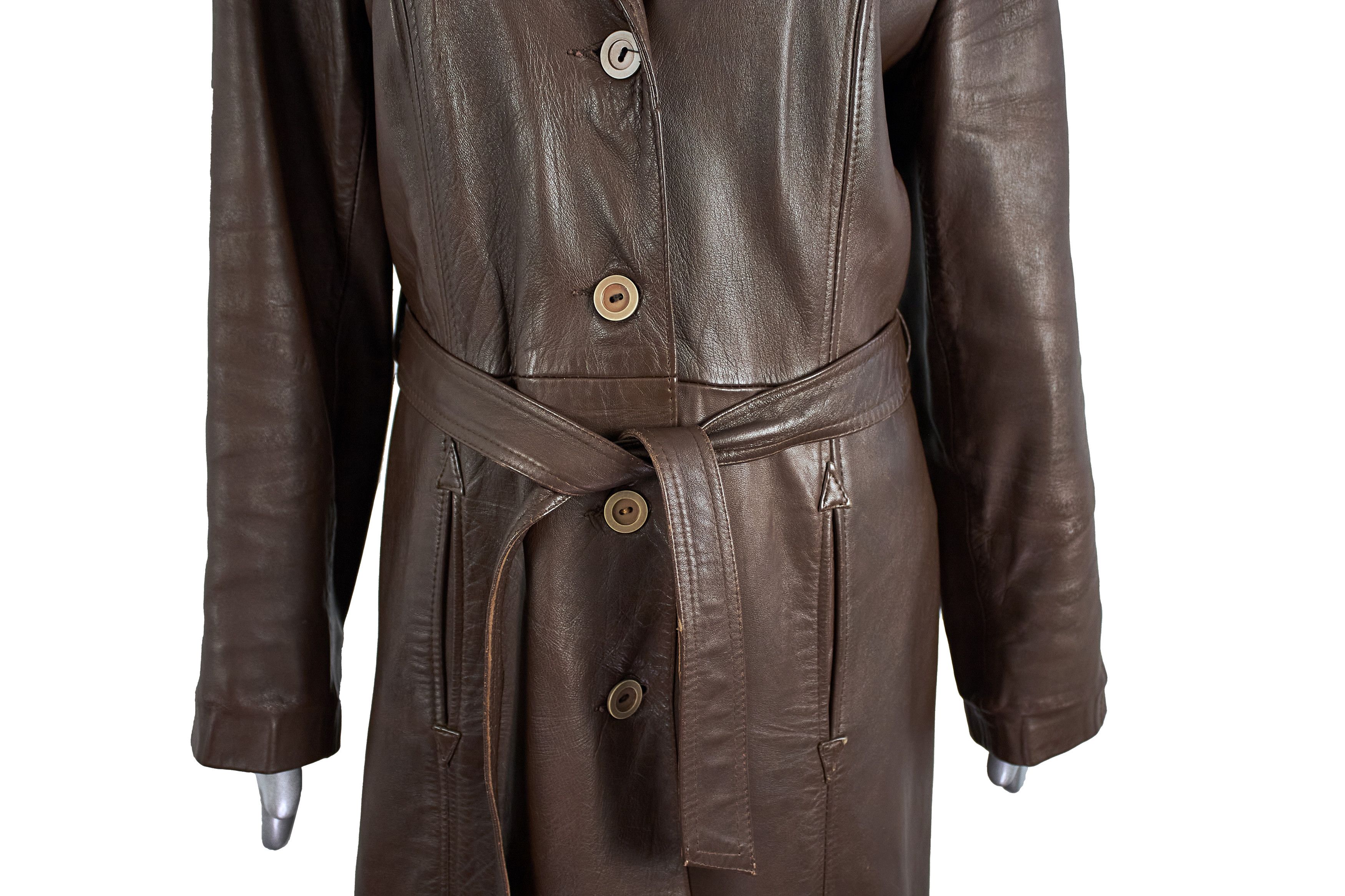 C&A Vintage 90s Brown Belted Leather Coat Trench Made in England Size M / US 6-8 / IT 42-44 - 9 Thumbnail