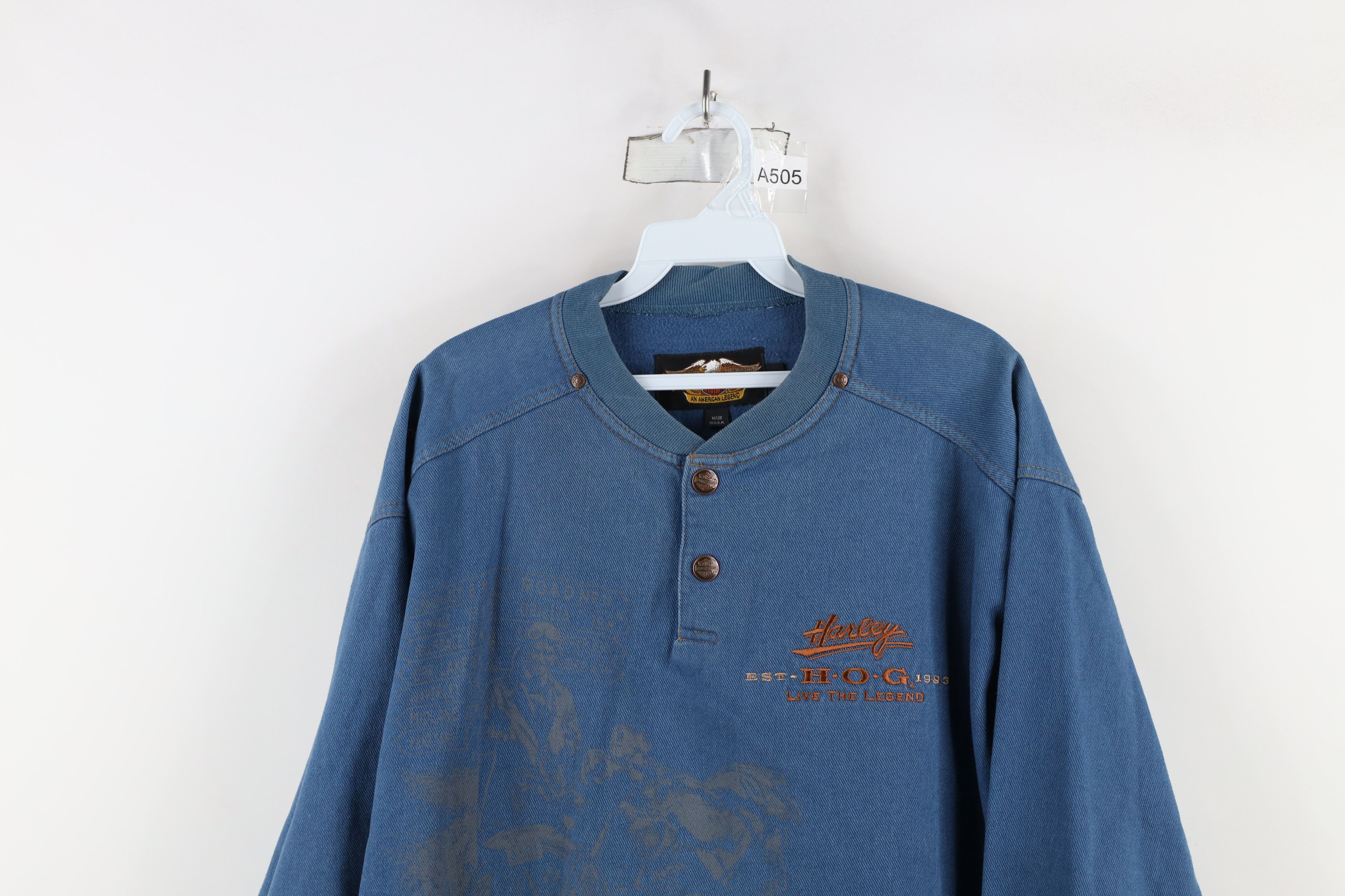 Harley Davidson × Vintage Vintage 90s Harley Davidson Denim Henley Sweatshirt USA Size US L / EU 52-54 / 3 - 2 Thumbnail