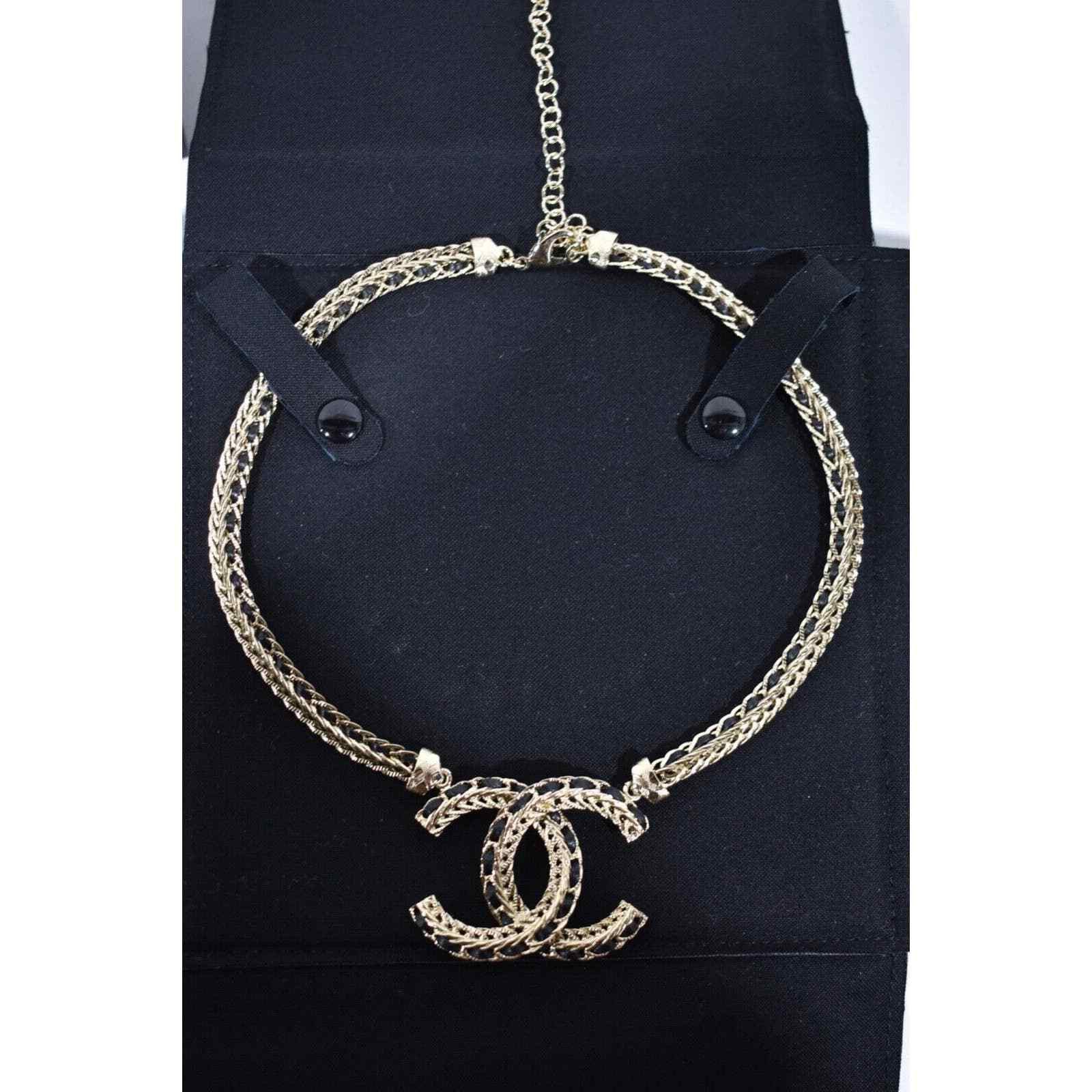 Chanel Chanel 22S Gold Metal Black Leather Pendant Choker Necklace Size ONE SIZE - 1 Thumbnail