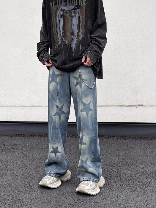 Japanese Brand Retro street star print washed distressed jeans | Grailed