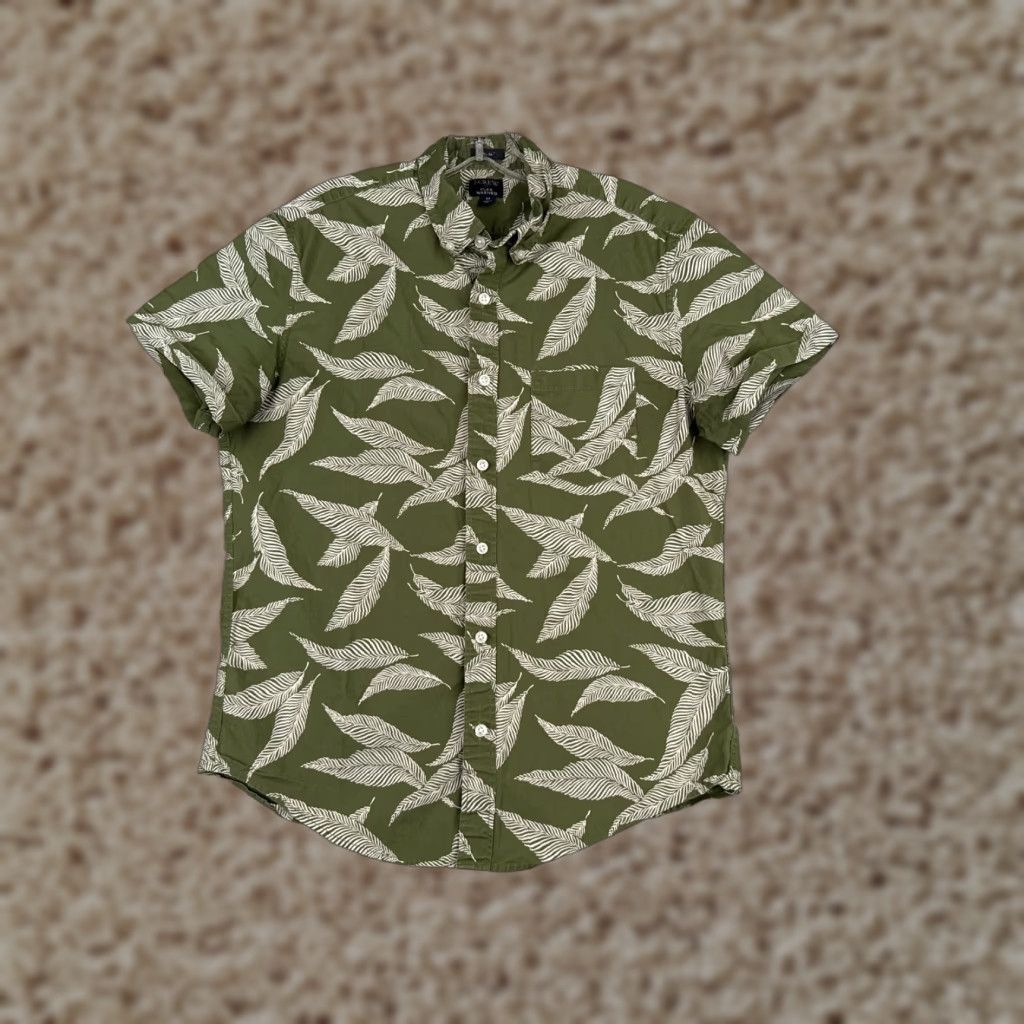 J.CREW Shirt Men Medium Green Floral Leaf Cotton Blend Slim Fit Hawaiian