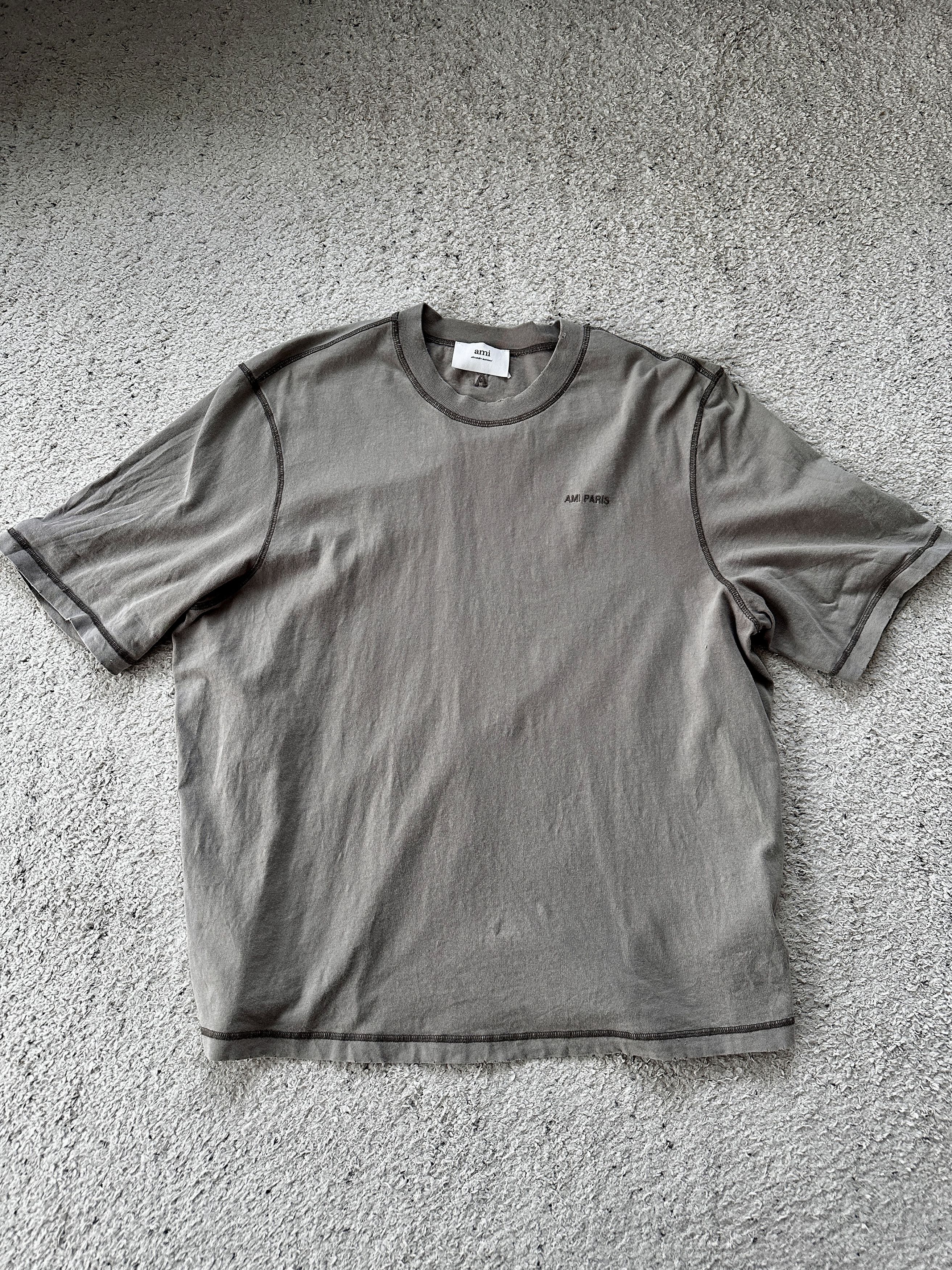 AMI Paris Contrast-Stitch Logo Cotton T-Shirt (Heather Grey)