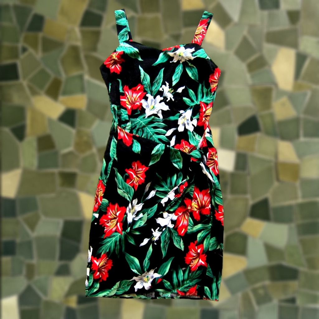 Evergreen VINTAGE Evergreen Island Hawaii Floral Tank Dress S-M Women Short Sleeveless Black Green Red Wrap Dress Size S / US 4 / IT 40 - 1 Thumbnail