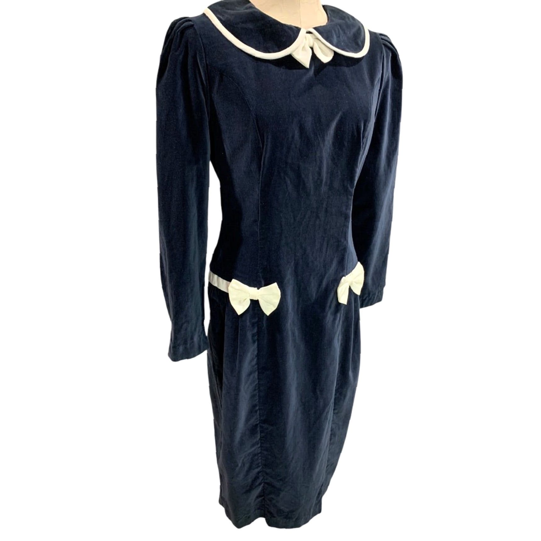 Velvet VINTAGE 1960s Velvet Dress Navy Blue Ivory Box Trim Midi Women M Navy Box Velvet Dress 1960s Womens M Size M / US 6-8 / IT 42-44 - 2 Thumbnail