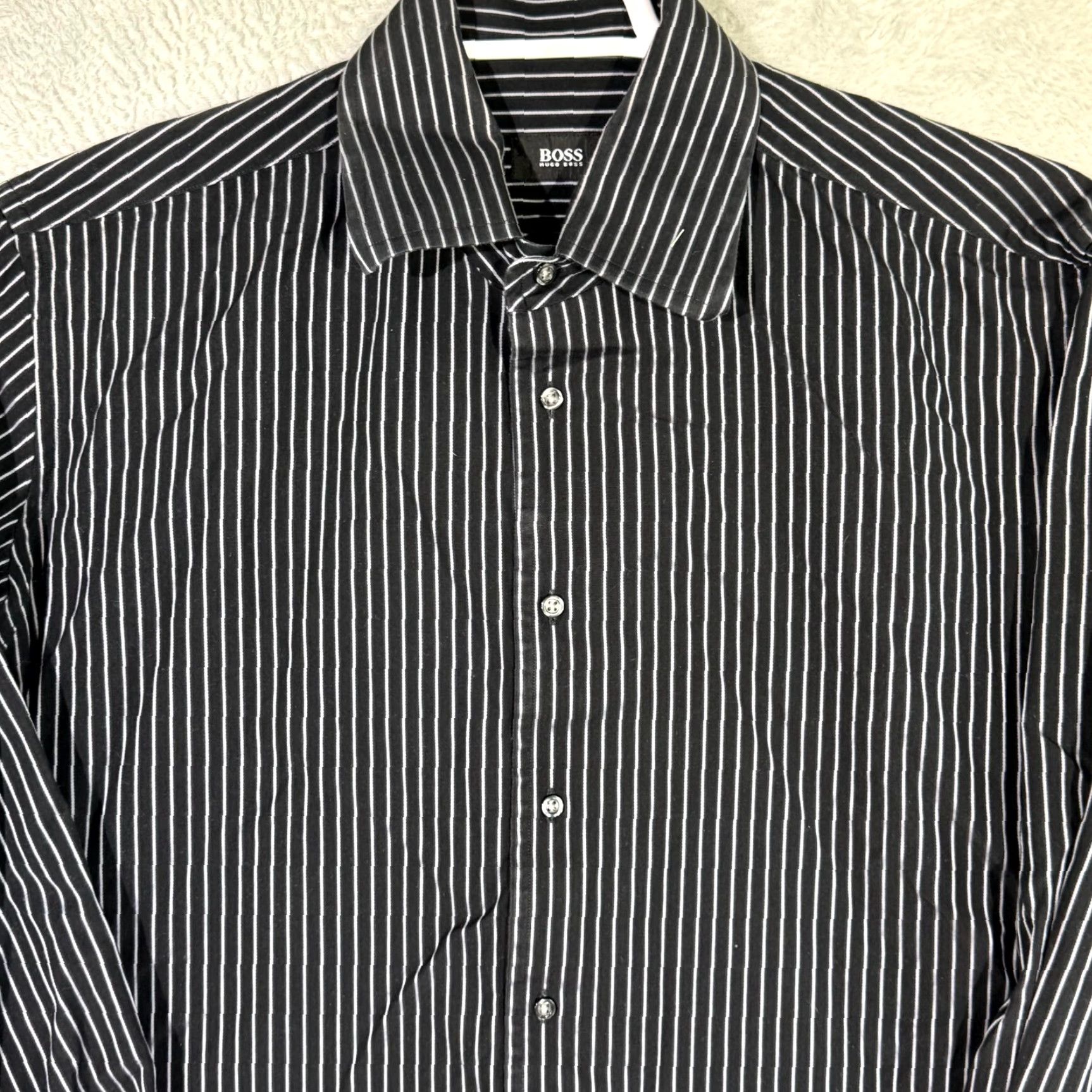 Hugo Boss HUGO BOSS Dress Shirt 17 (34/35) Black Pinstripe Long Sleeve Button-Up Mens Shirt Size 46R - 4 Thumbnail