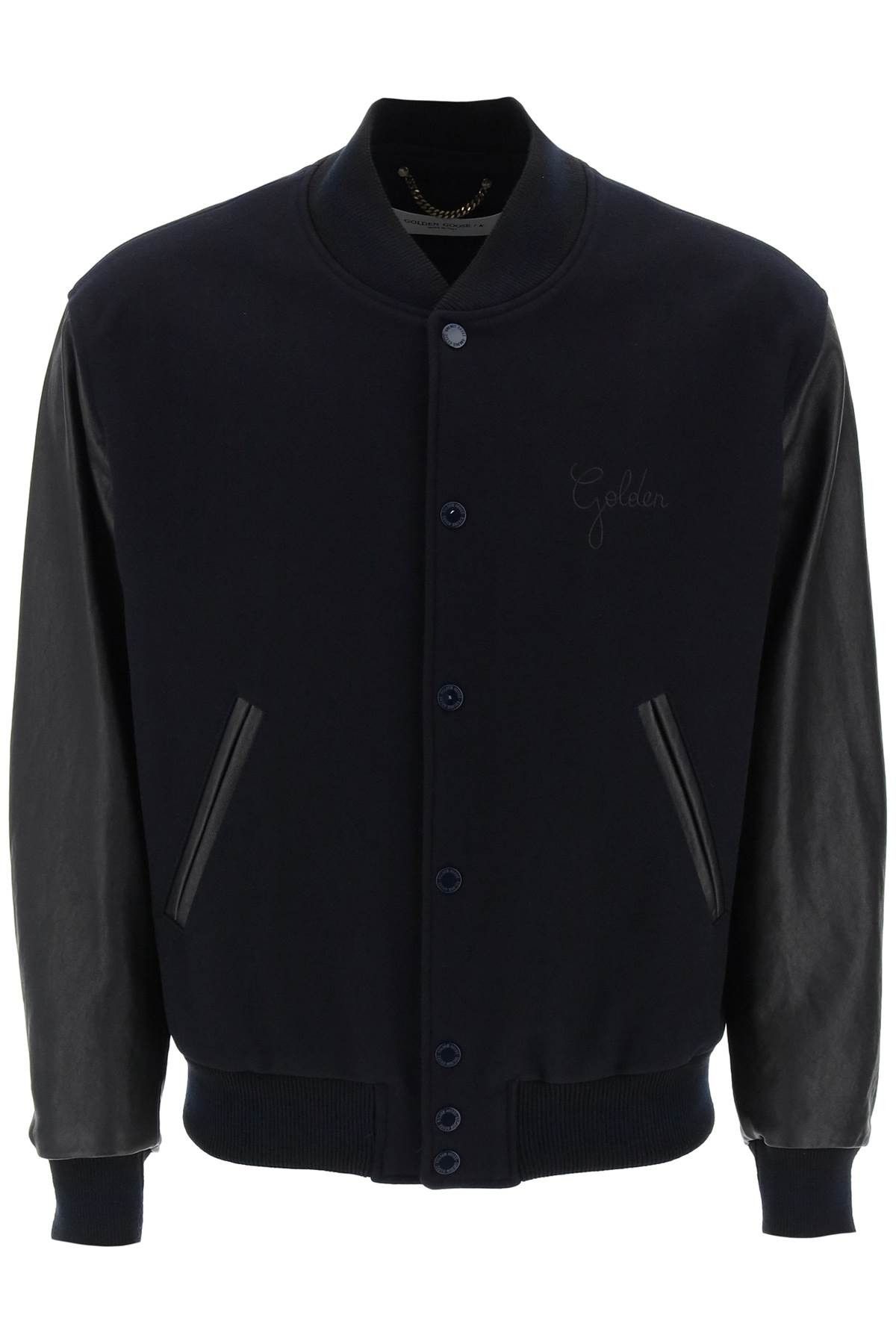 image of Golden Goose Aleandro Bomber Jacket With Leather Sleeves in Dark Blue Black, Men's (Size Medium)