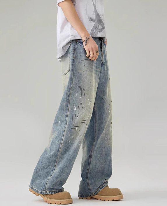 Vintage American ink-splatter wash men's street wide-leg baggy jeans Size US 32 / EU 48 - 4 Thumbnail