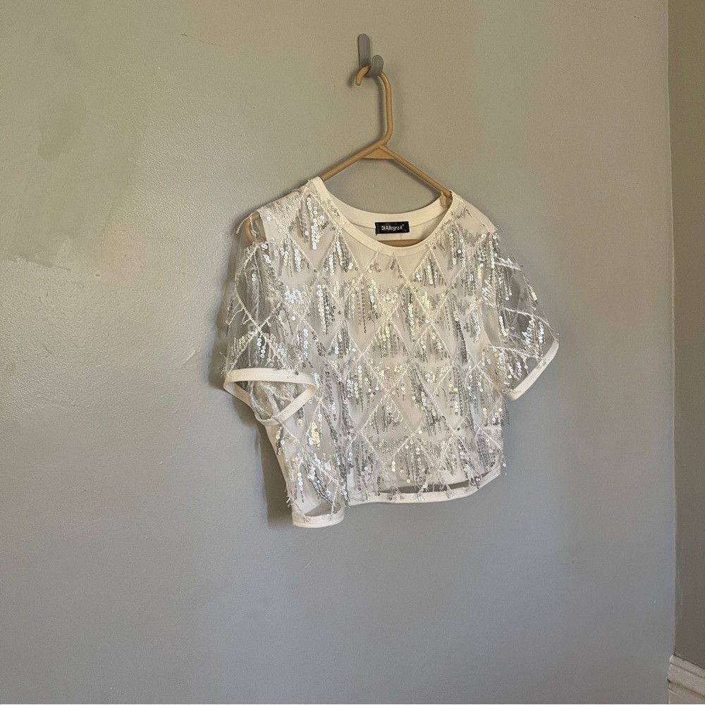 Designer Allegra K Women's Glitter Crop Top Short Sleeves White Large Size XL / US 12-14 / IT 48-50 - 2 Thumbnail
