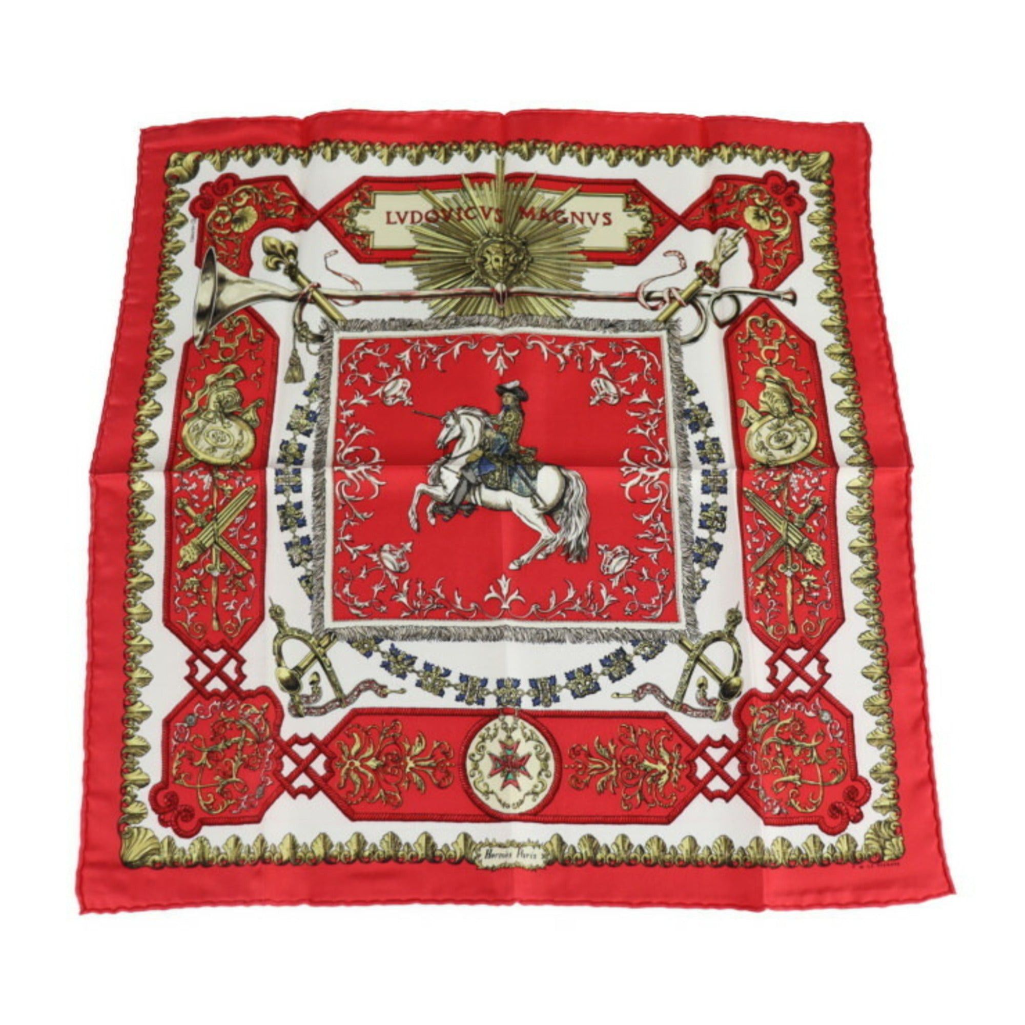image of Hermes Lvdovicvs Magnvs White Horse Louis Xiv Carre 40 Scarf Silk Red Multicolor Handkerchief in Bl