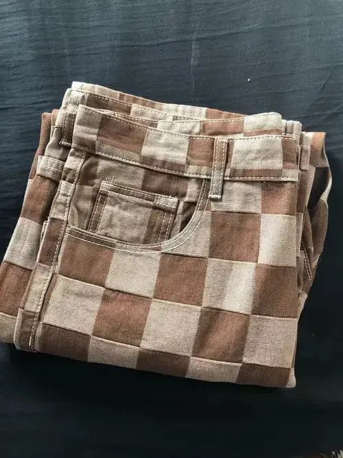 VIBE Men's Brown Check Print Baggy Jeans Size US 33 - 3 Thumbnail