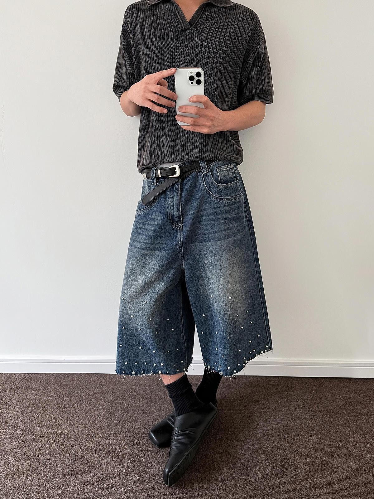 Stylish Distressed Denim Jorts with Rhinestone Accents