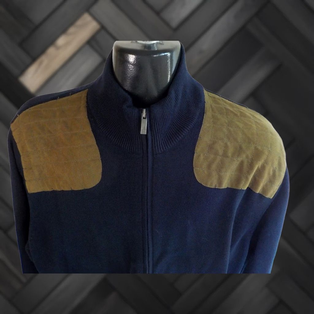 Vintage SOUTHERN PINES Zip Front Mens Cardigan Sweater w/Quilted Shoulder Blue XXL Size 2XL Ribbed Cuffs Waistband Mock Neck Full Zip Cotton Knit 100% Size US XXL / EU 58 / 5 - 1 Thumbnail