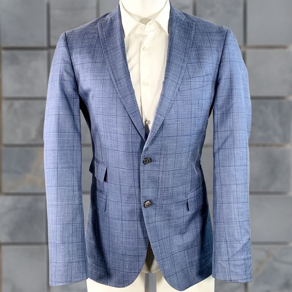 Hugo Boss HUGO BOSS Sport Coat Size 40 Blue Black Window Pane Silk Linen Tailored Fit Size US XXS / EU 40 - 1 Thumbnail