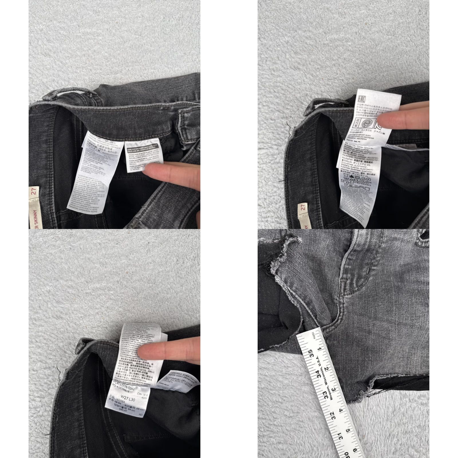 Levi's VINTAGE Levis Denim Shorts Womens 27x4 Black Gray 710 Super Skinny Cut-Off Fringed Pockets 5-Pocket Zip Retro Jeans Size 27" / US 4 / IT 40 - 8 Thumbnail