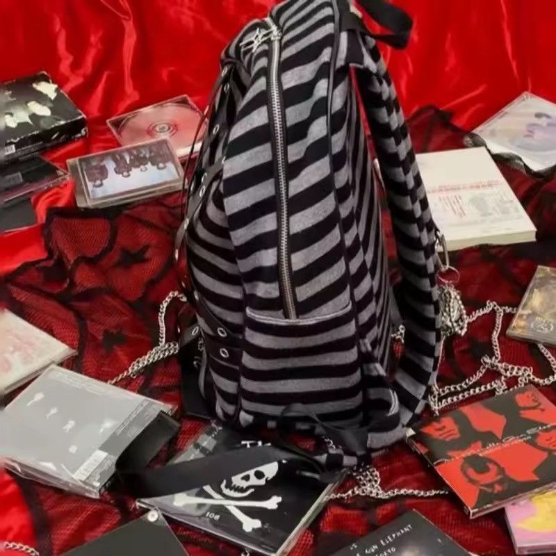 Other Gothic Punk Striped Zipper Capacity School College Backpack Size ONE SIZE - 6 Thumbnail