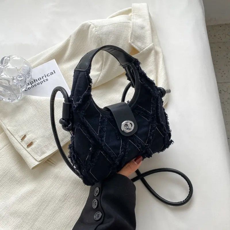 Vintage Frail Detailed Fuzzy Hobo Mini Bag Aesthetic Pinterest Y2K in Black, Women's