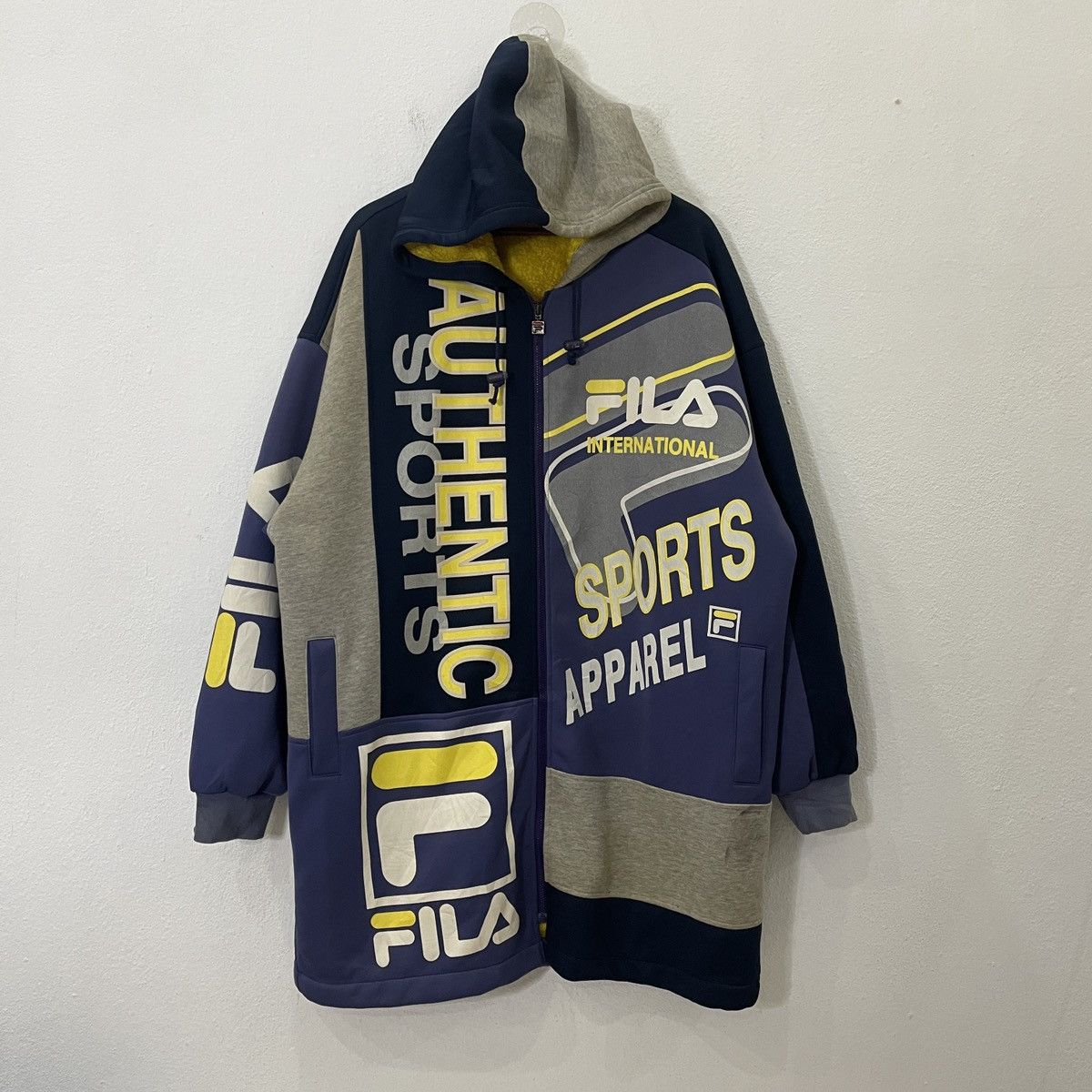 image of Vintage Fila Big Logo Long Jacket in Gray/Blue, Men's (Size 2XL)
