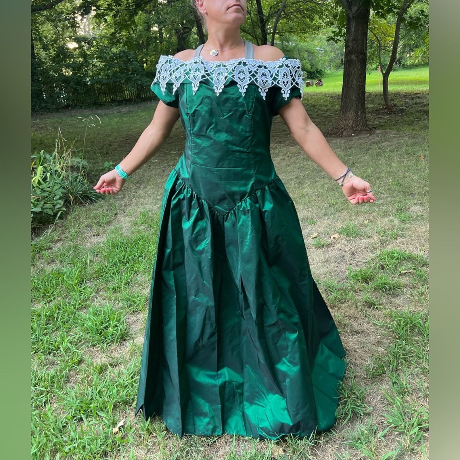80s 90s green sateen v drop waist bow back lace trim dress