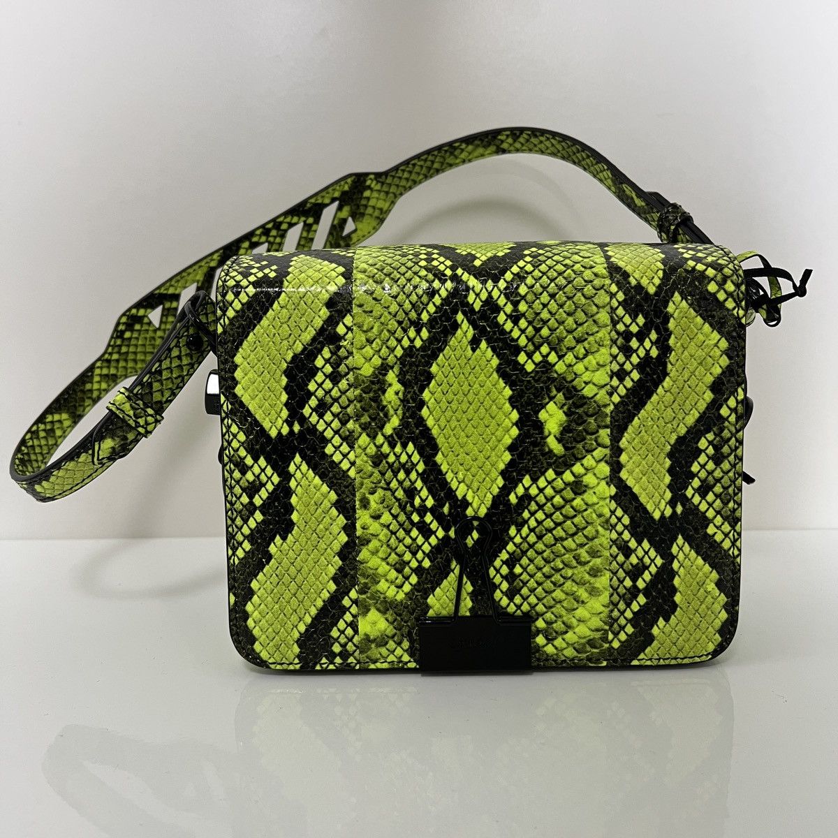 image of Off White Off-White Green Python Snake Binder Clip Bag in Snakeskin, Women's