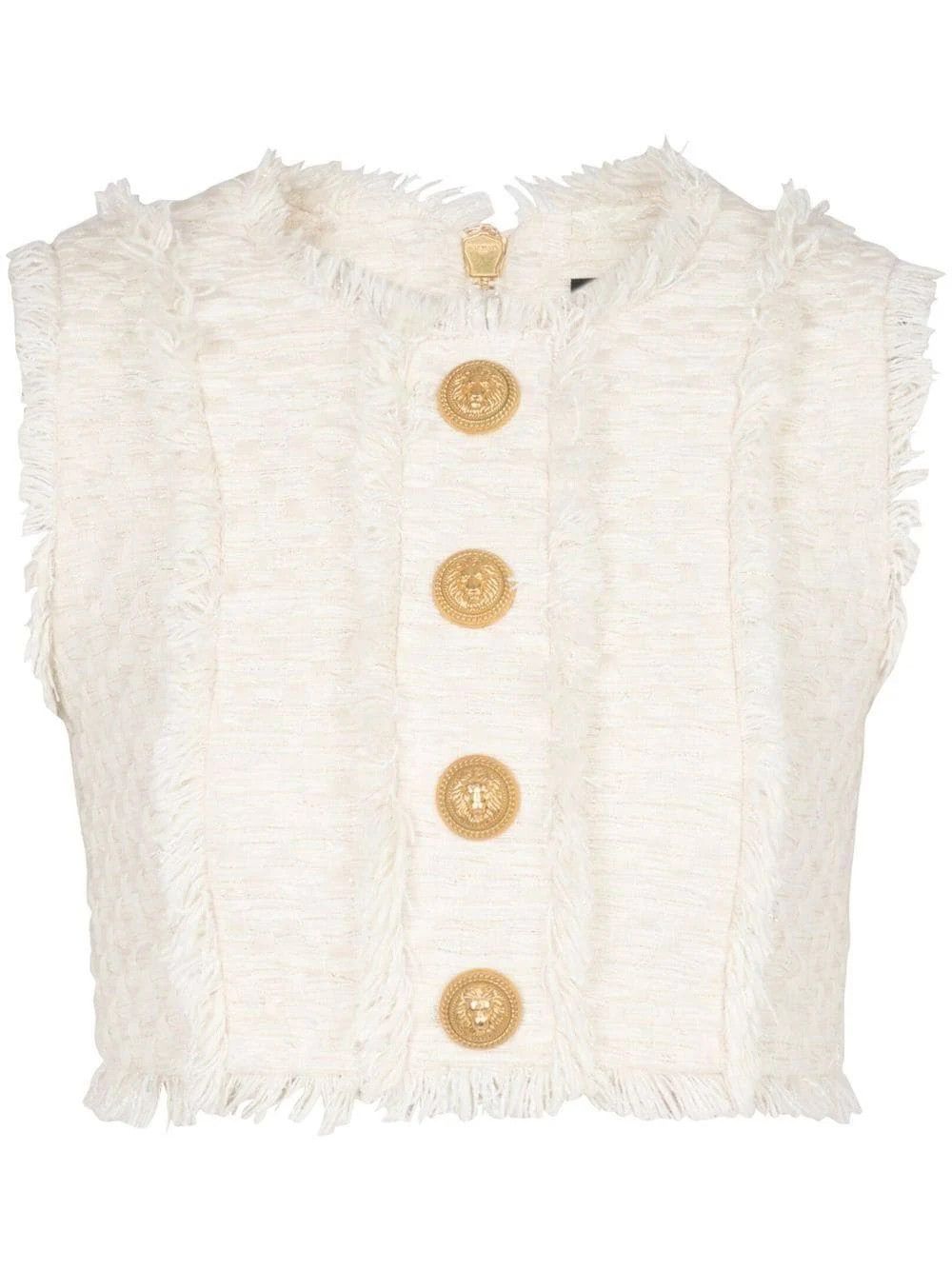 image of Balmain O1Srvl11E0524 Tweed Cropped Top In White, Women's (Size Small)