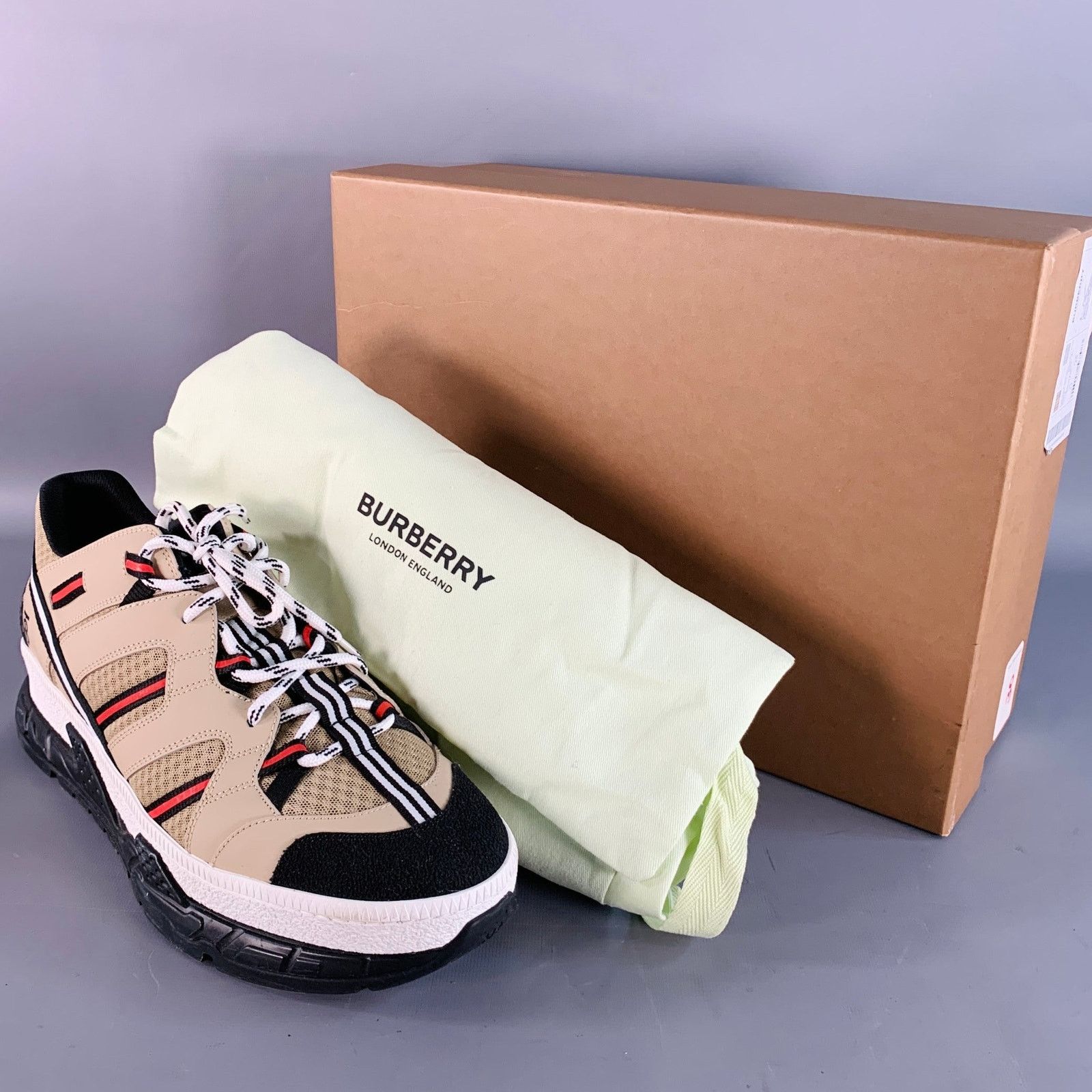 Burberry Size 12 Tan Black Red Stripe Mesh Low Top Sneakers Size US 12 / EU 45 - 10 Thumbnail