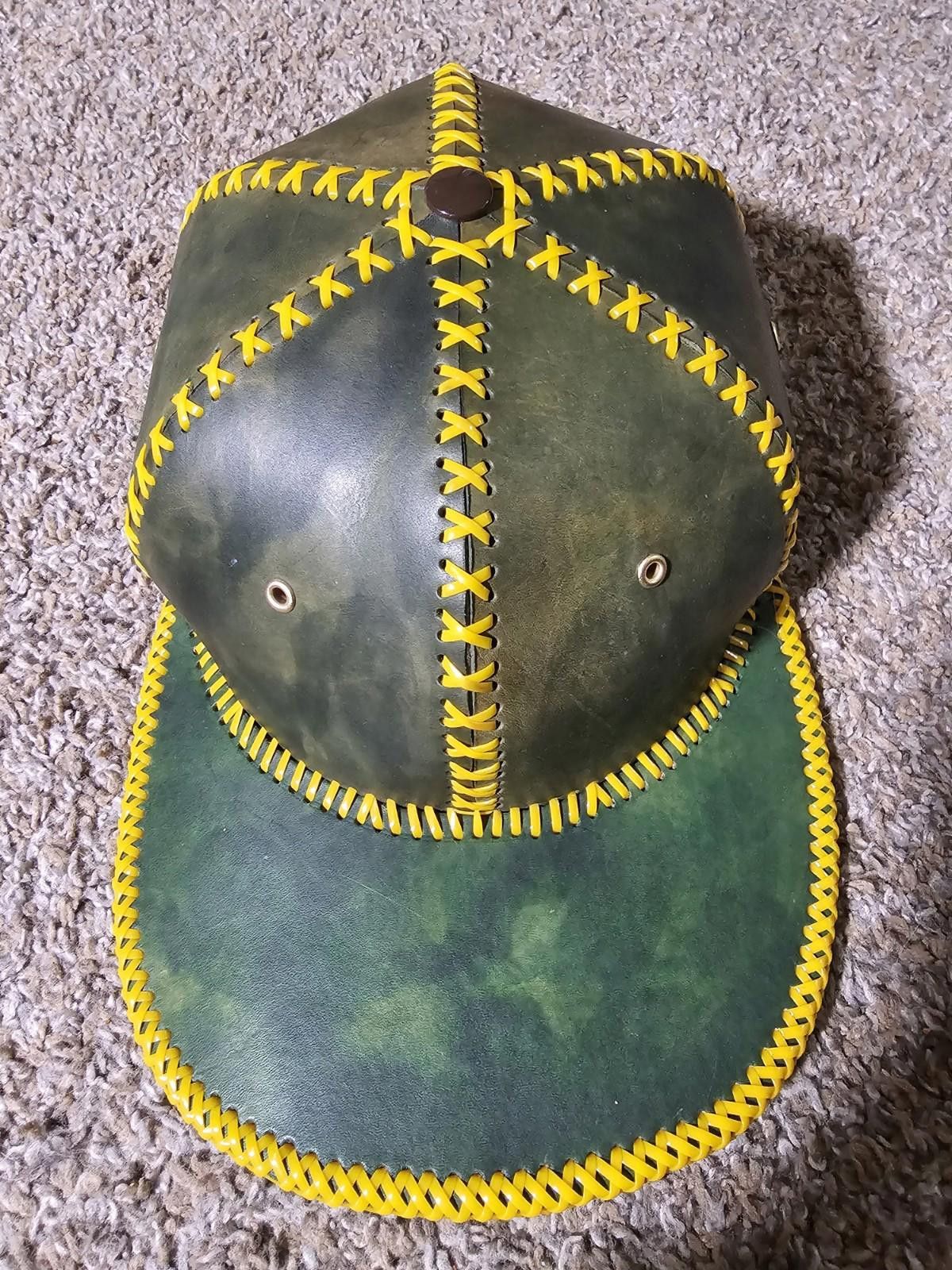 Handmade Custom Handmade Leather Strapback Hat Yellow Plastic Stitch Size ONE SIZE - 1 Thumbnail