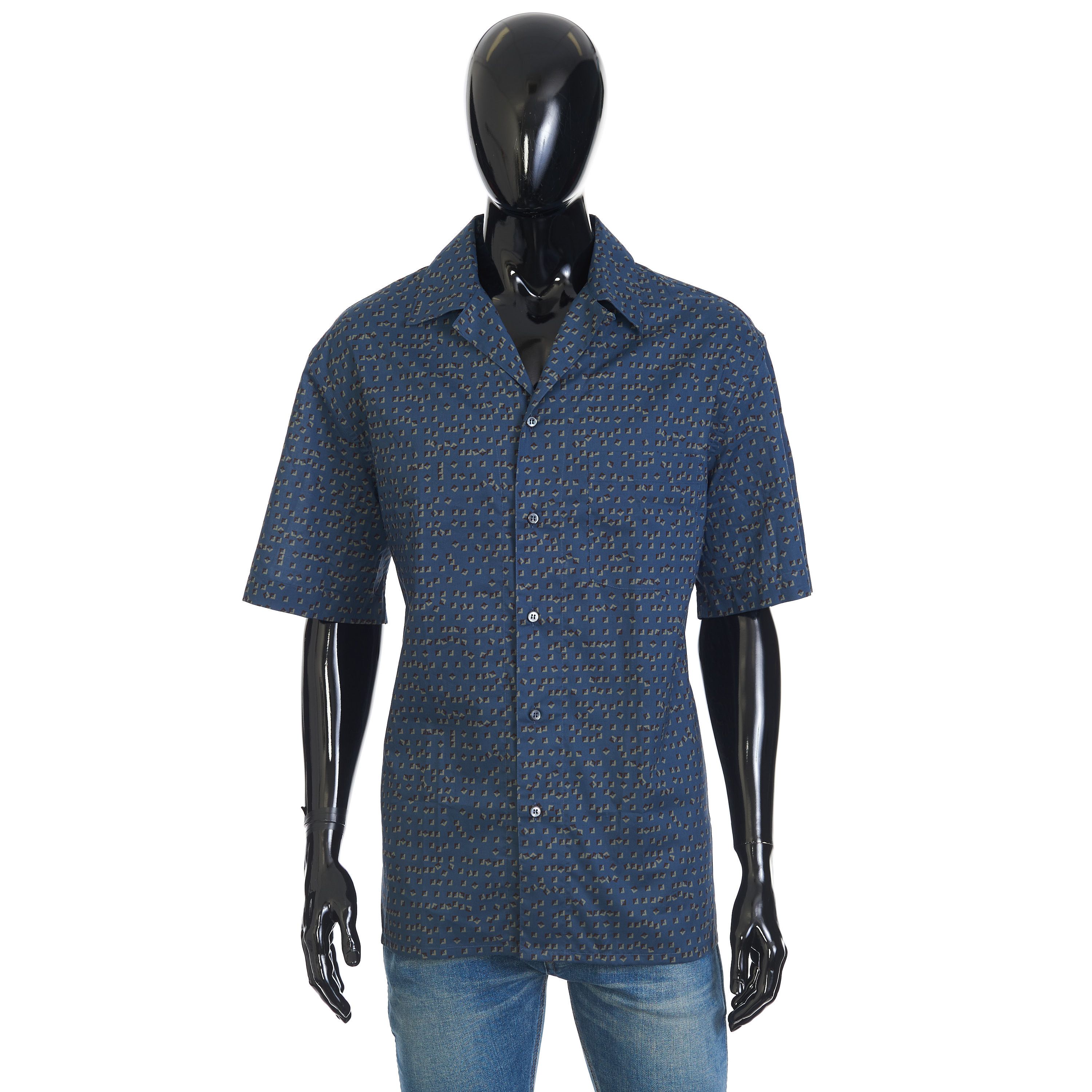 Brioni Shortsleeve Shirt In Blue With Geometric Print Size US XL / EU 56 / 4 - 1 Thumbnail