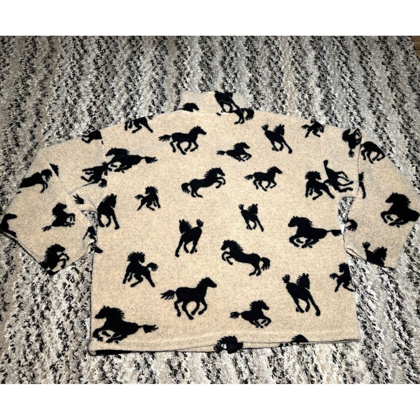 Vintage VINTAGE 90s Awesome Wear Jacket XL Beige Black Horse Fleece Western Coat AOP Unisex Adults Modern Boho Chic Size XL / US 12-14 / IT 48-50 - 7 Thumbnail