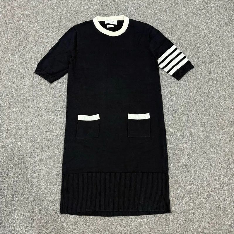 thom browne black dress Women's Silk Moire Boat Neck Column Dress in Black Size 38