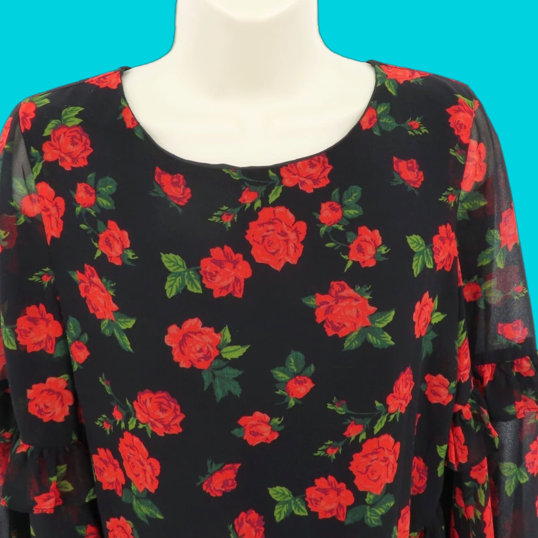 Vintage K/Lab Women Small Red Rose Flower Sheer Ruffle Long Sleeve Shirt Top Blouse Size S / US 4 / IT 40 - 1 Thumbnail