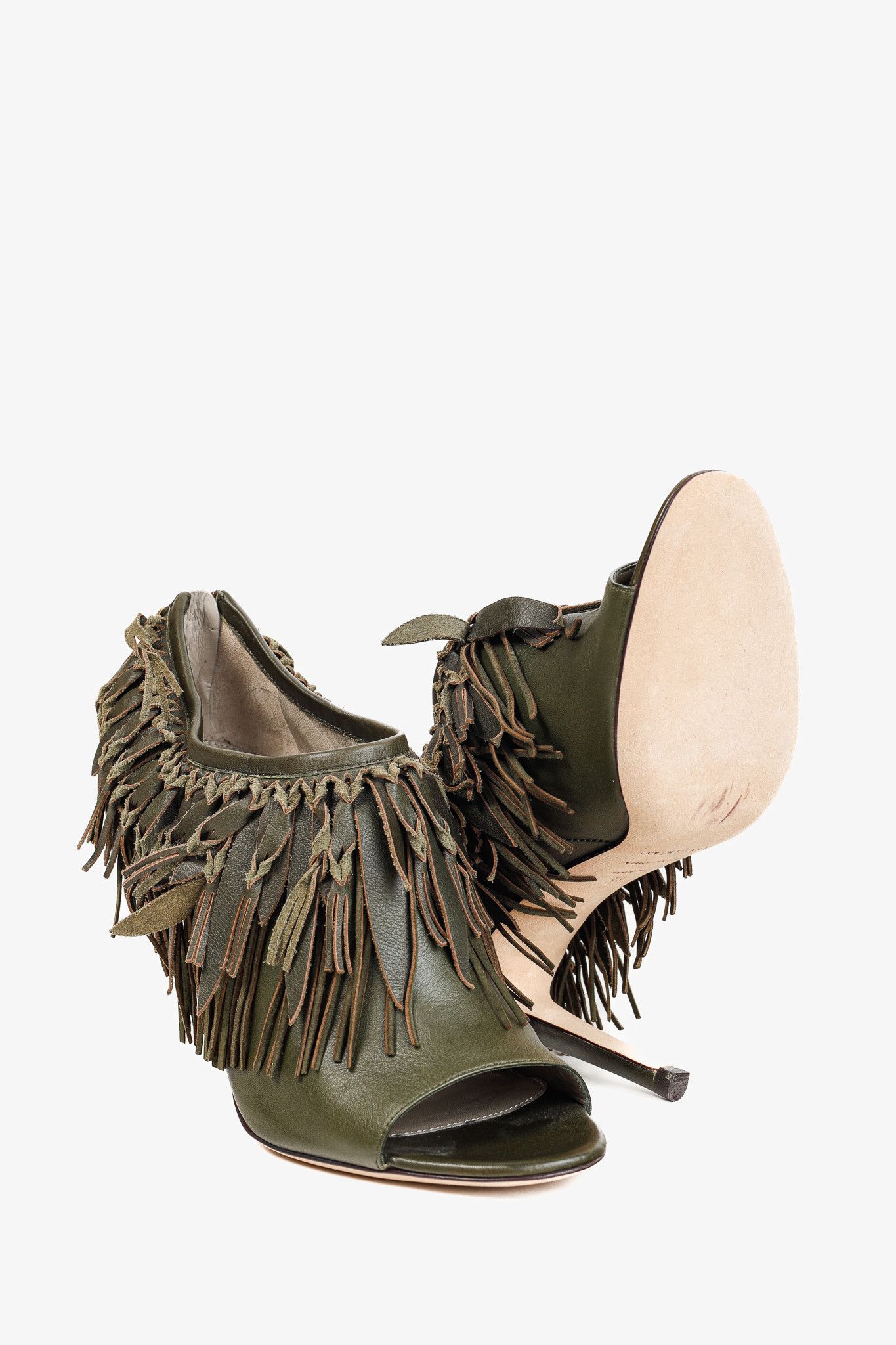 Sergio Rossi Sergio Rossi Green Leather Fringe Peep-Toe Bootie Size US 7.5 / IT 37.5 - 3 Thumbnail