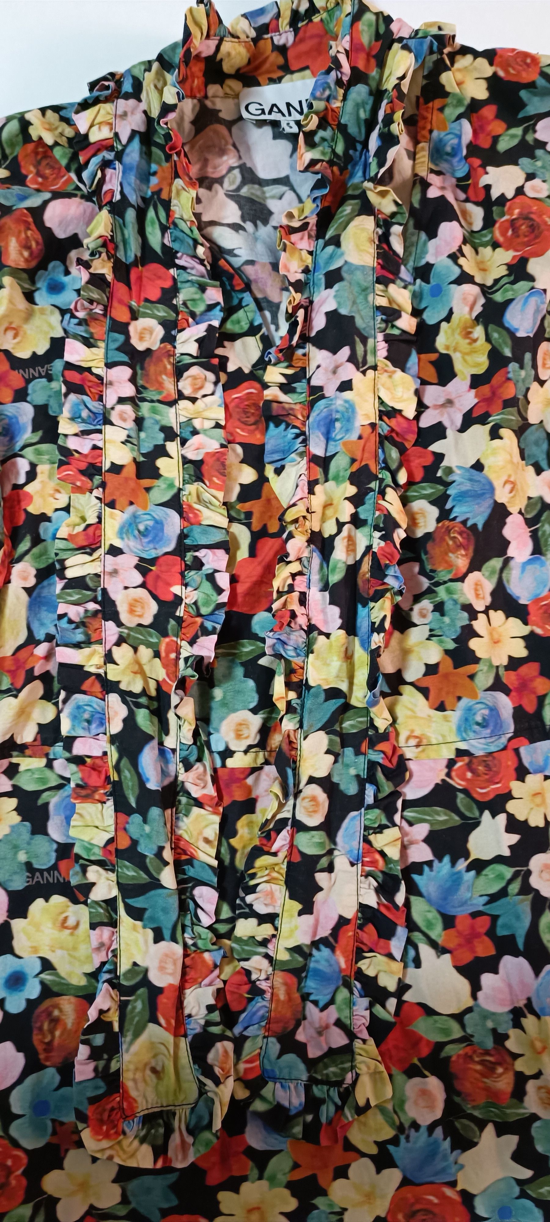 Ganni Tie-Neck Multicolor Floral - Print Cotton -Poplin Maxi Dress Size S / US 4 / IT 40 - 23 Thumbnail