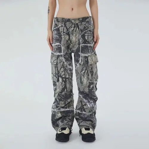 Retro hip-hop raw edge multi-pocket cargo jeans